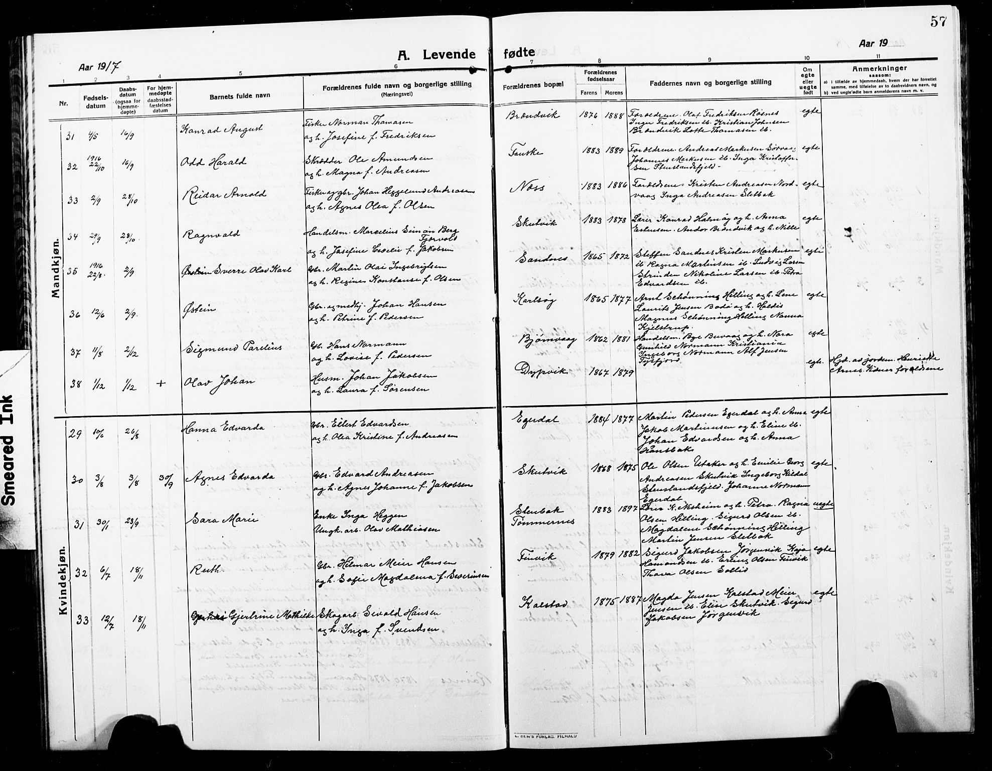 Ministerialprotokoller, klokkerbøker og fødselsregistre - Nordland, AV/SAT-A-1459/859/L0861: Klokkerbok nr. 859C07, 1910-1925, s. 57