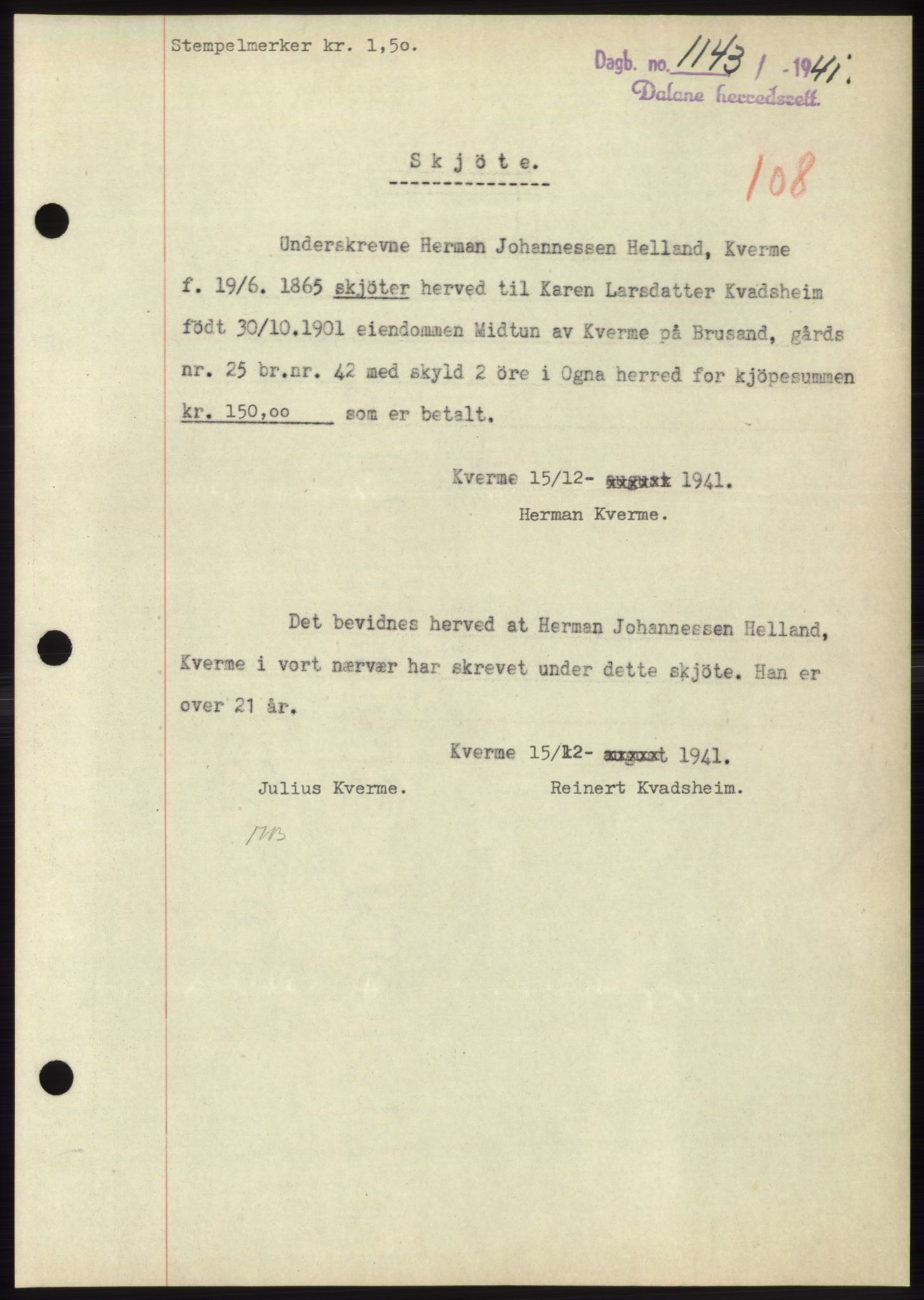 Dalane sorenskriveri, SAST/A-100309/02/G/Gb/L0058: Pantebok, 1926-1950, Tingl.dato: 18.12.1941