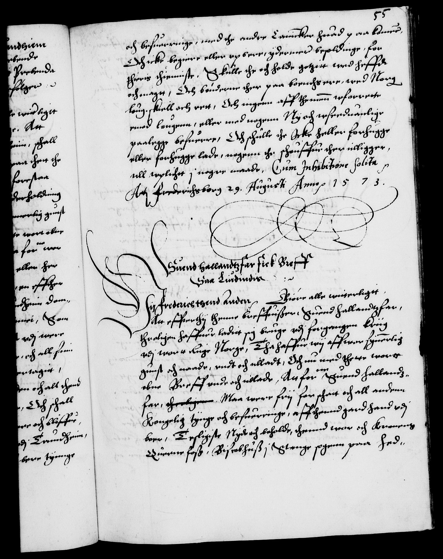 Danske Kanselli 1572-1799, AV/RA-EA-3023/F/Fc/Fca/Fcaa/L0001: Norske registre (mikrofilm), 1572-1588, s. 55a