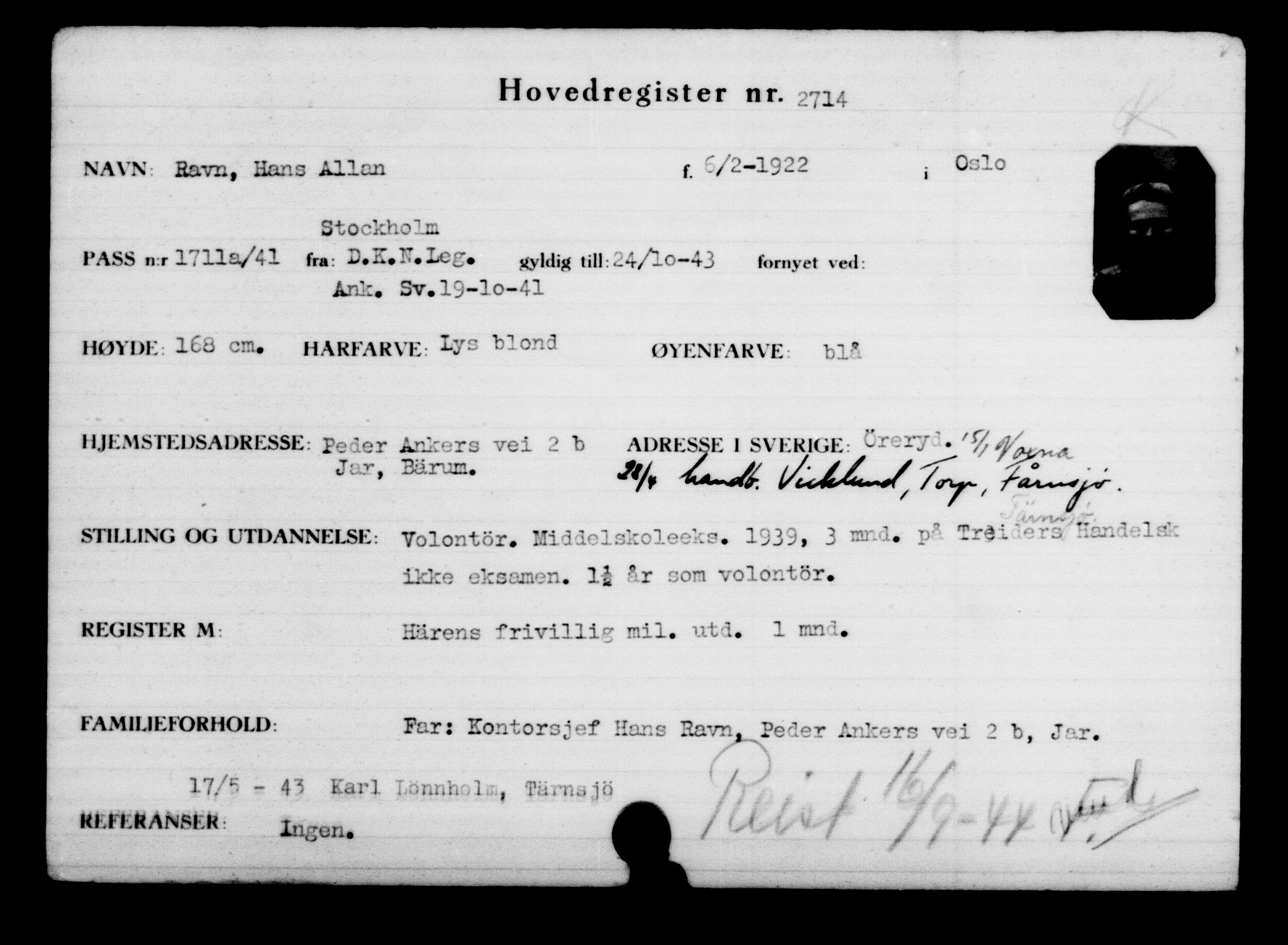 Utenriksstasjonene, Legasjonen i Stockholm, Flyktningkontoret, AV/RA-S-6753/V/Va/L0003: Kjesäterkartoteket, flyktninger med registreringsnr. 2001-3495, 1940-1945, s. 694