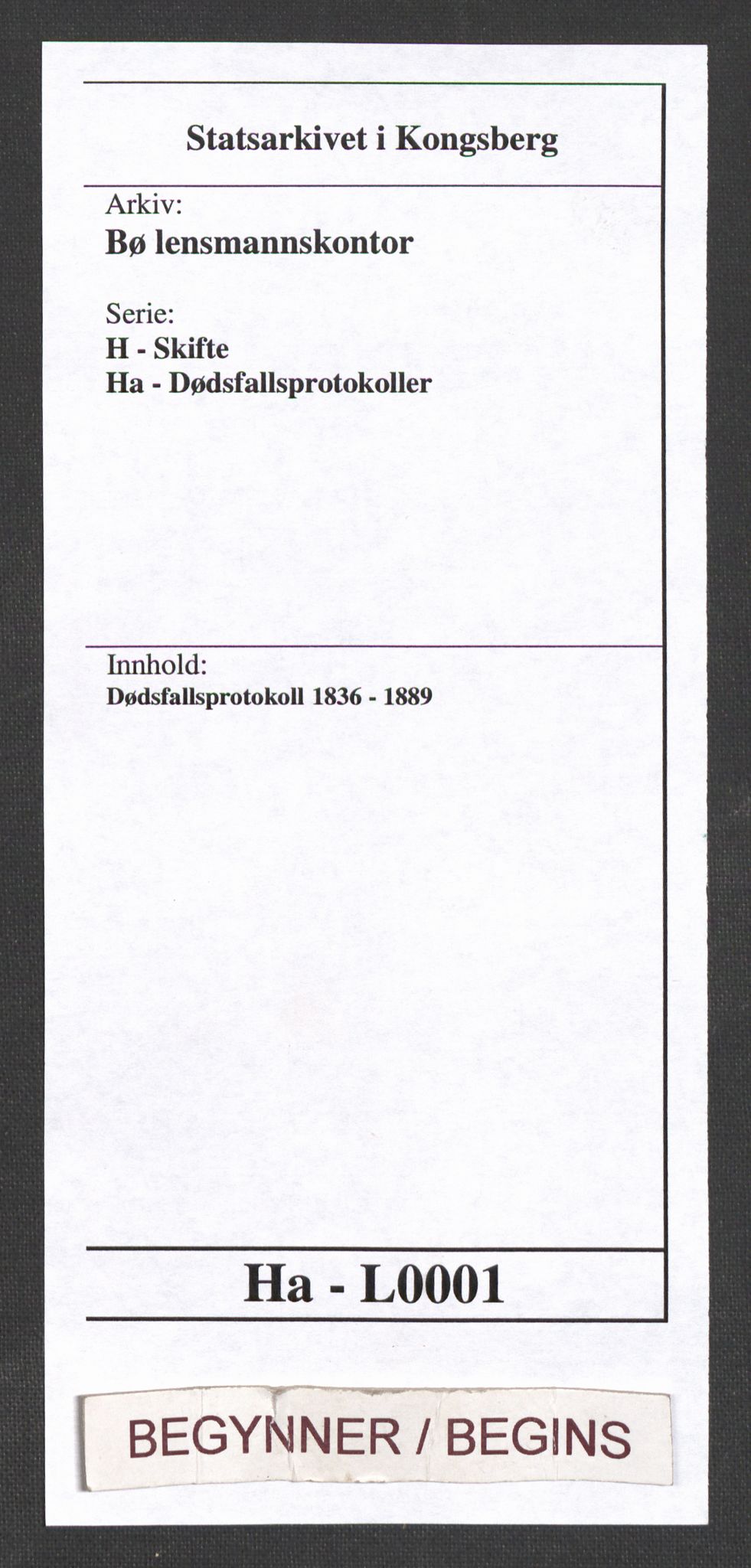 Bø lensmannskontor, AV/SAKO-A-553/H/Ha/L0001: Dødsfallsprotokoll, 1836-1889