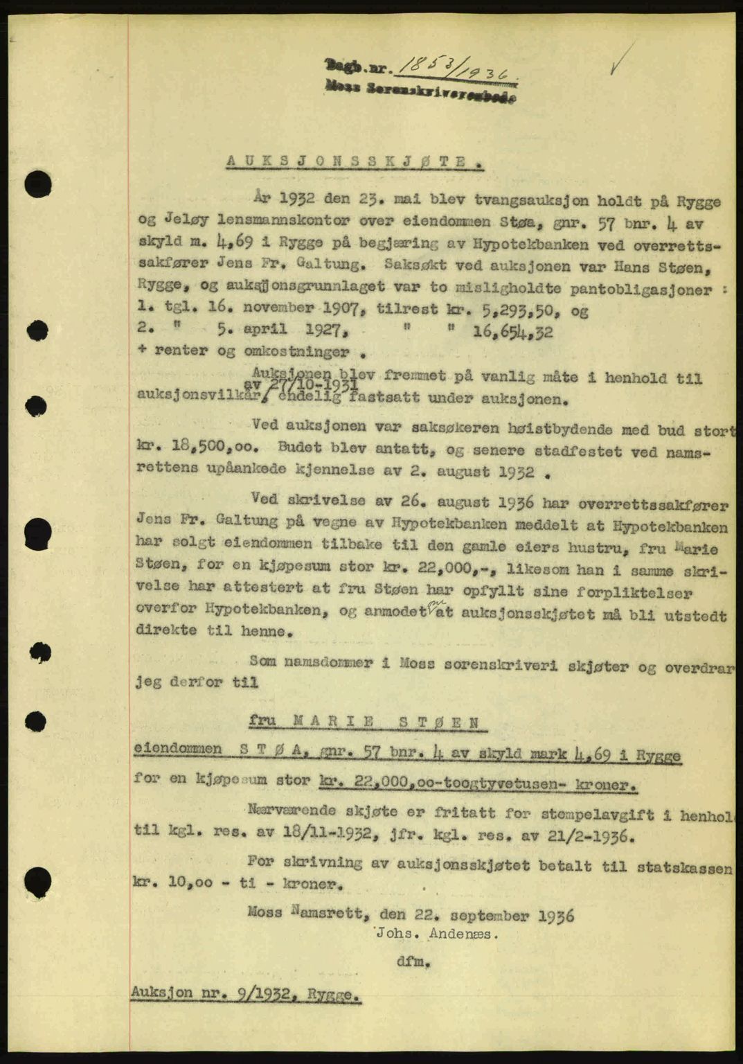 Moss sorenskriveri, SAO/A-10168: Pantebok nr. A1, 1936-1936, Dagboknr: 1853/1936