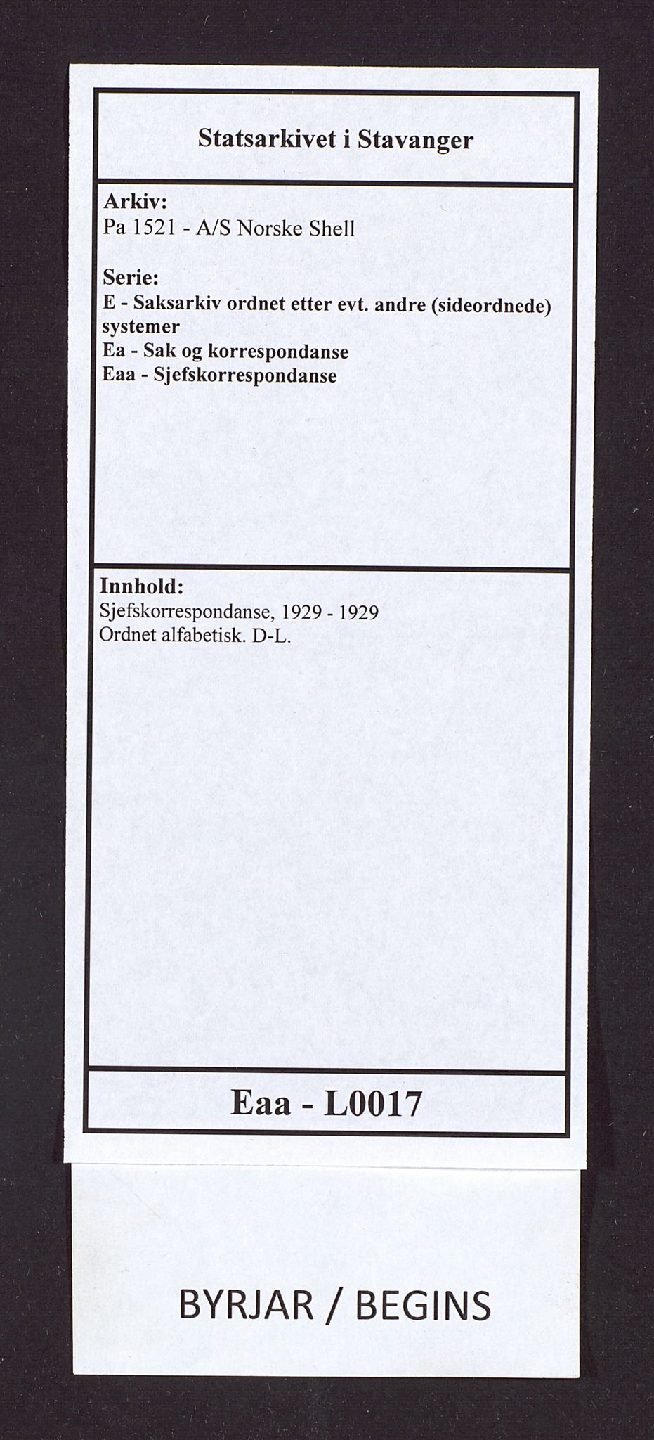 Pa 1521 - A/S Norske Shell, SAST/A-101915/E/Ea/Eaa/L0017: Sjefskorrespondanse, 1929, s. 1