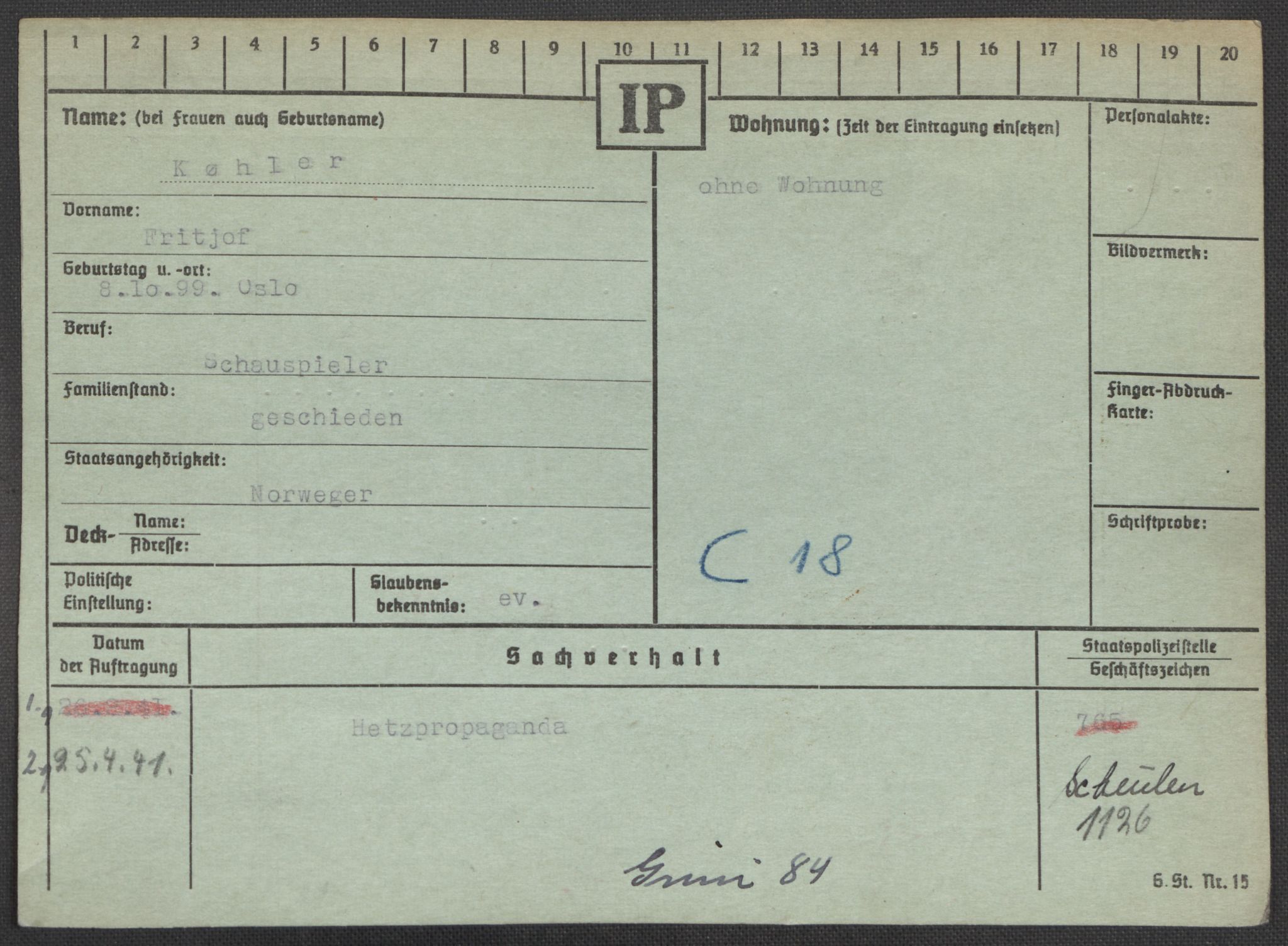 Befehlshaber der Sicherheitspolizei und des SD, RA/RAFA-5969/E/Ea/Eaa/L0006: Register over norske fanger i Møllergata 19: Kj-Lund, 1940-1945, s. 586
