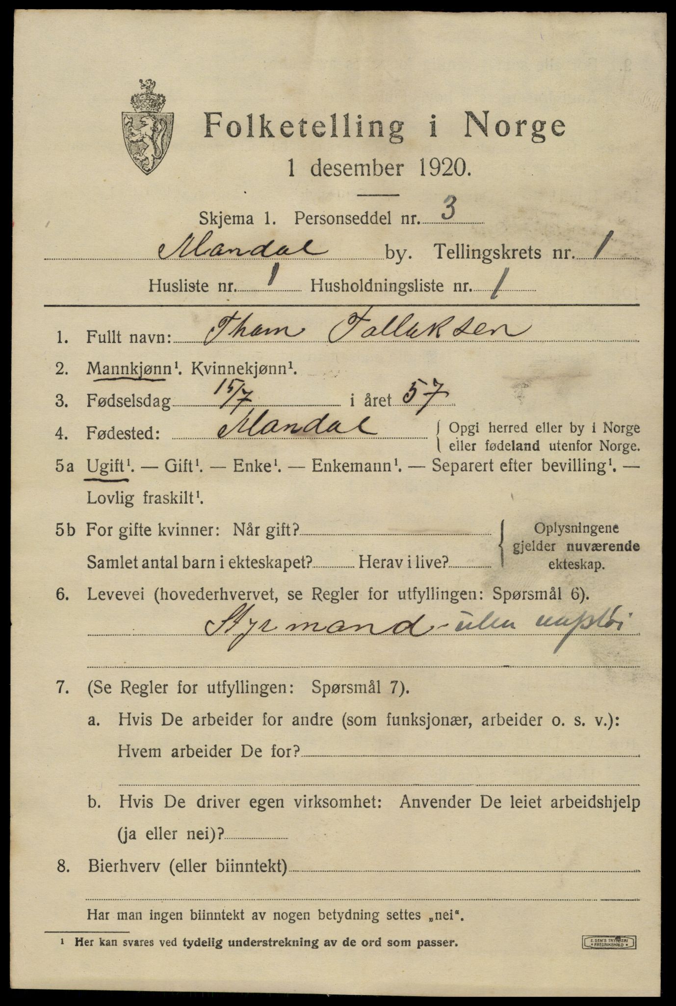 SAK, Folketelling 1920 for 1002 Mandal ladested, 1920, s. 3271