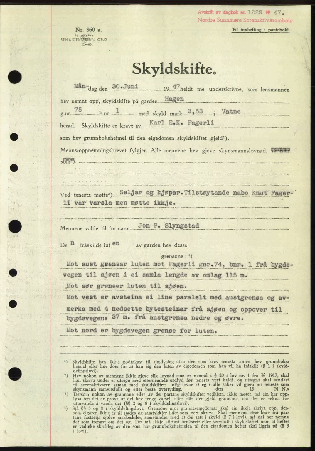Nordre Sunnmøre sorenskriveri, AV/SAT-A-0006/1/2/2C/2Ca: Pantebok nr. A25, 1947-1947, Dagboknr: 1229/1947