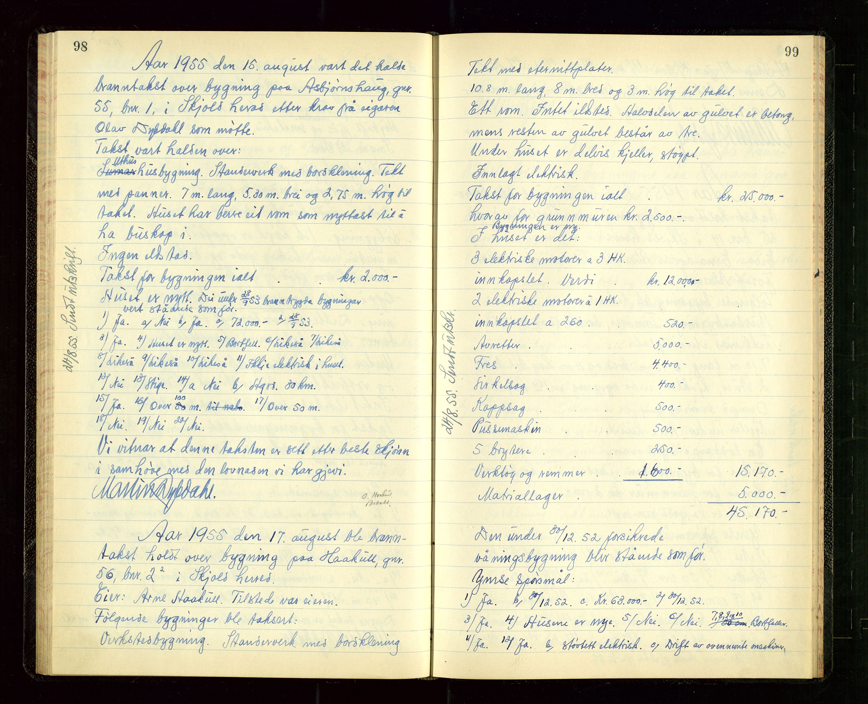 Skjold lensmannskontor, AV/SAST-A-100182/Goa/L0004: "Branntakstprotokoll for Skjold", 1953-1955, s. 98-99