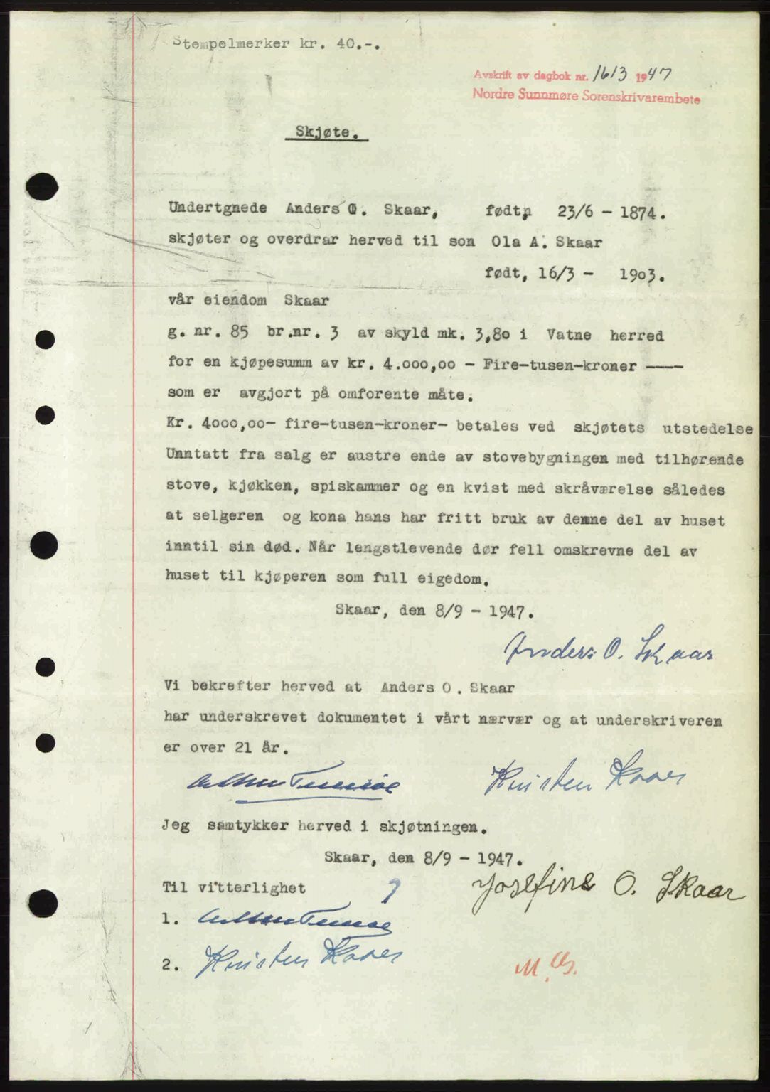 Nordre Sunnmøre sorenskriveri, AV/SAT-A-0006/1/2/2C/2Ca: Pantebok nr. A25, 1947-1947, Dagboknr: 1613/1947