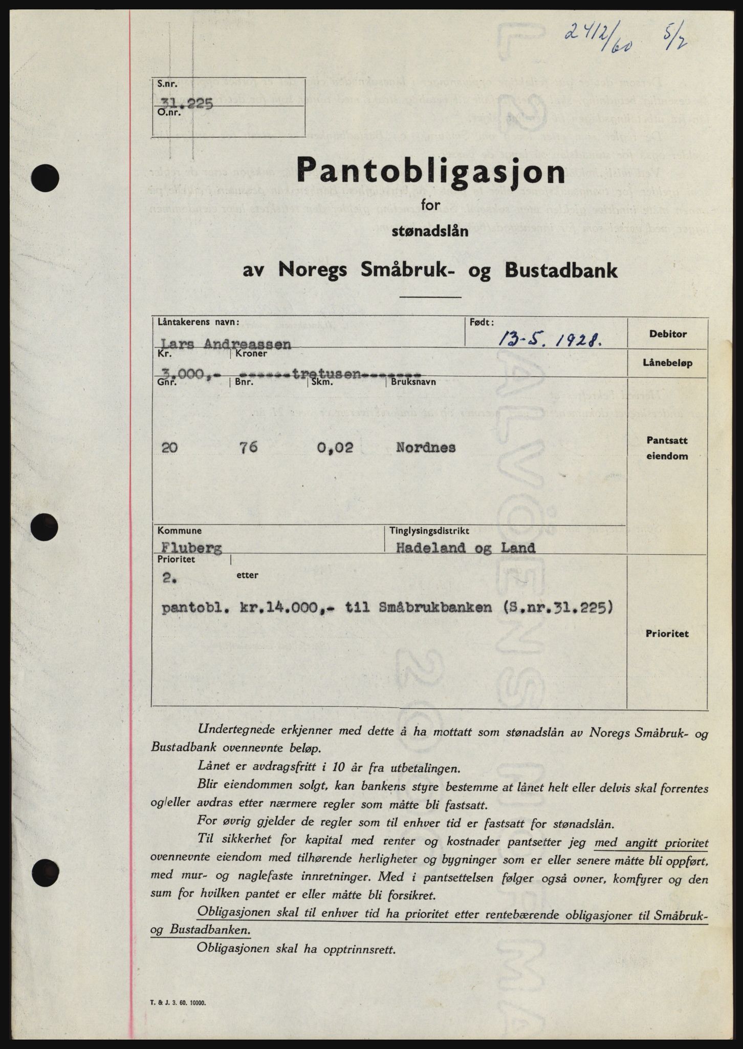 Hadeland og Land tingrett, SAH/TING-010/H/Hb/Hbc/L0043: Pantebok nr. B43, 1960-1960, Dagboknr: 2412/1960