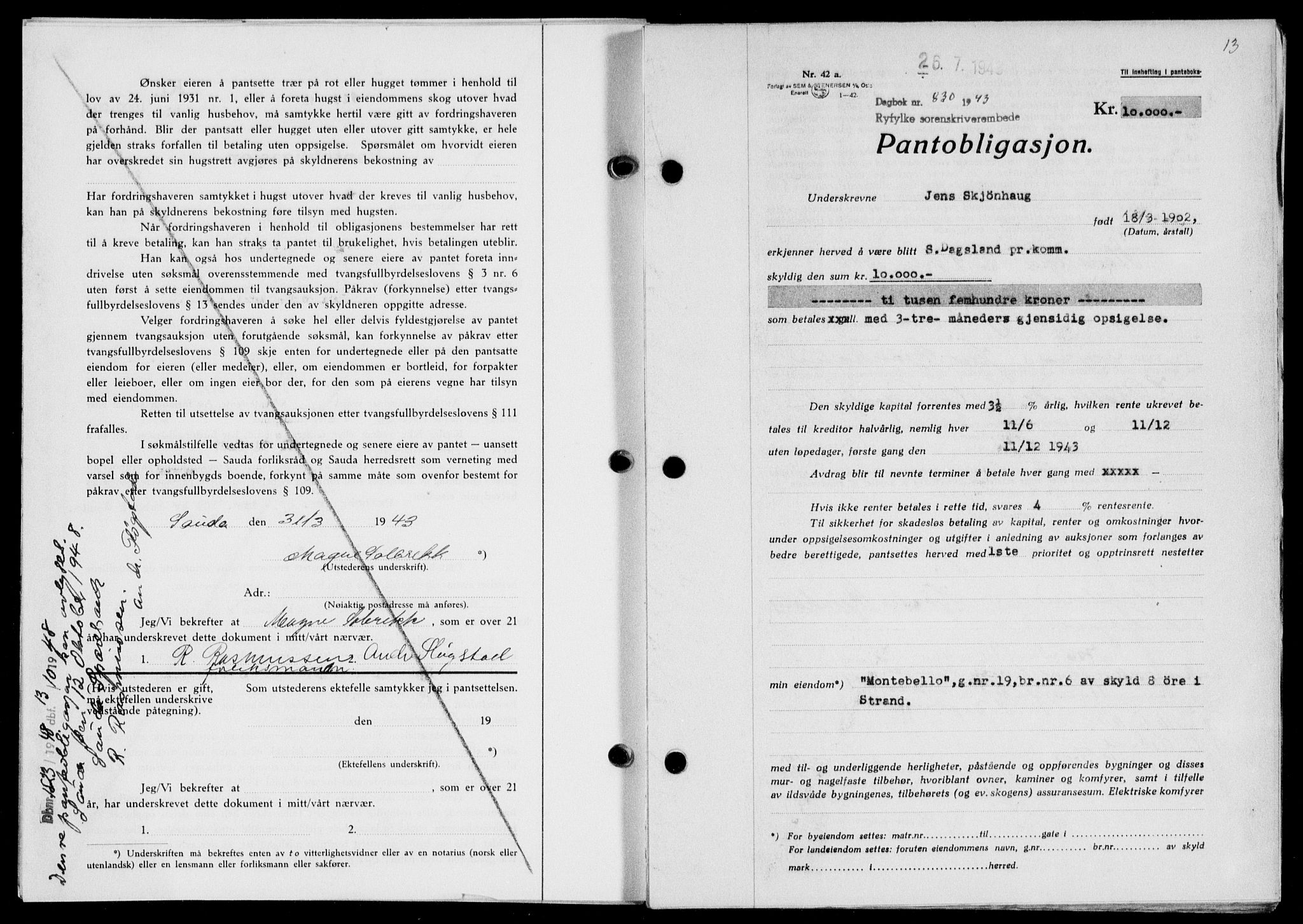 Ryfylke tingrett, SAST/A-100055/001/II/IIB/L0090: Pantebok nr. 69, 1943-1945, Dagboknr: 830/1943