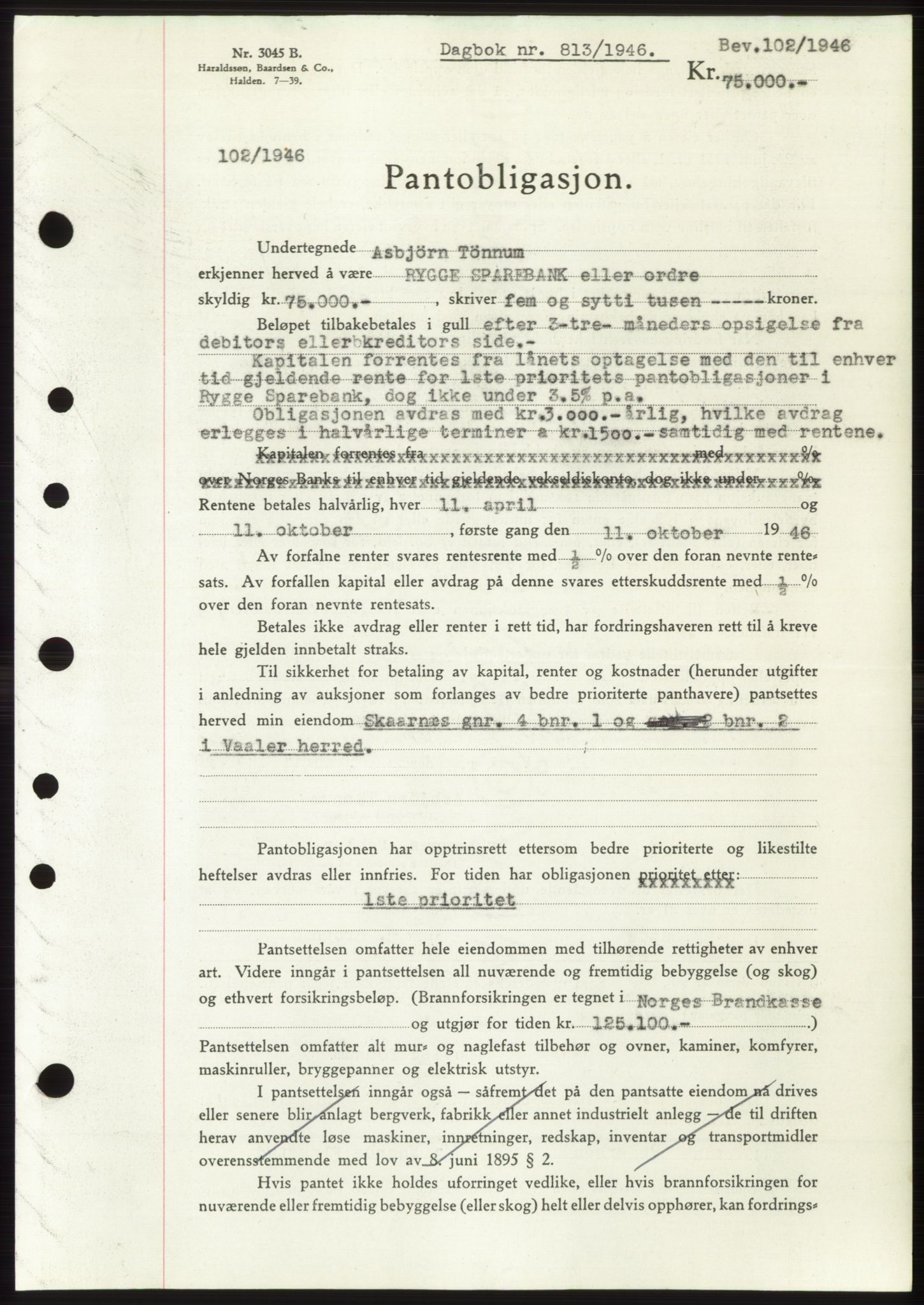 Moss sorenskriveri, SAO/A-10168: Pantebok nr. B15, 1946-1946, Dagboknr: 813/1946