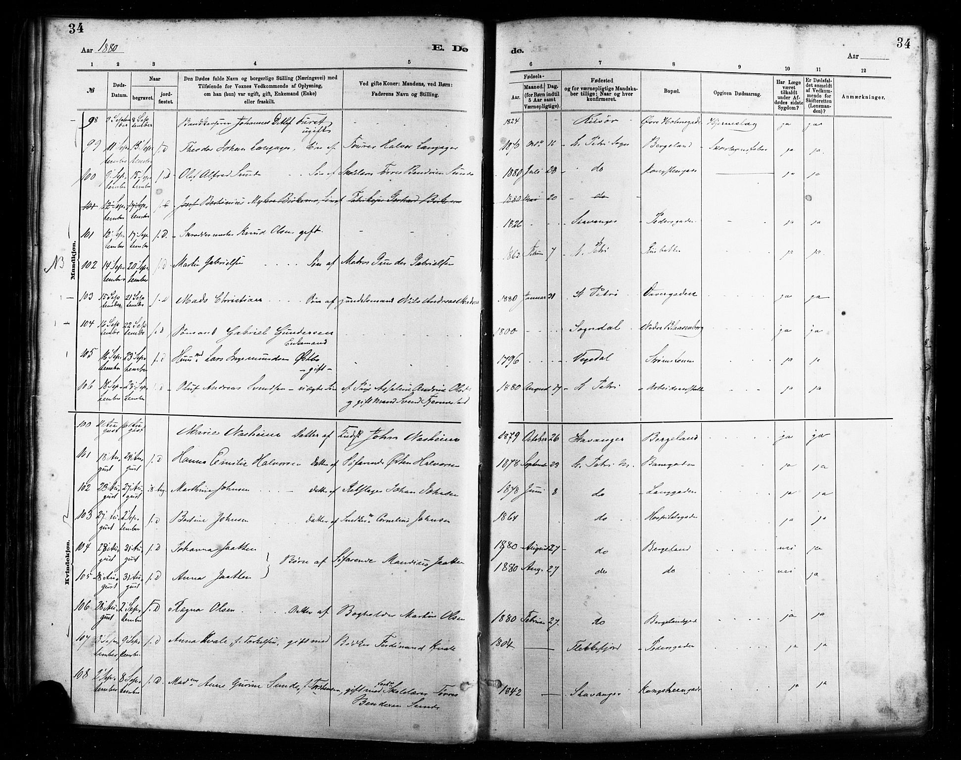 St. Petri sokneprestkontor, AV/SAST-A-101813/001/30/30BA/L0017: Ministerialbok nr. A 17, 1879-1895, s. 34