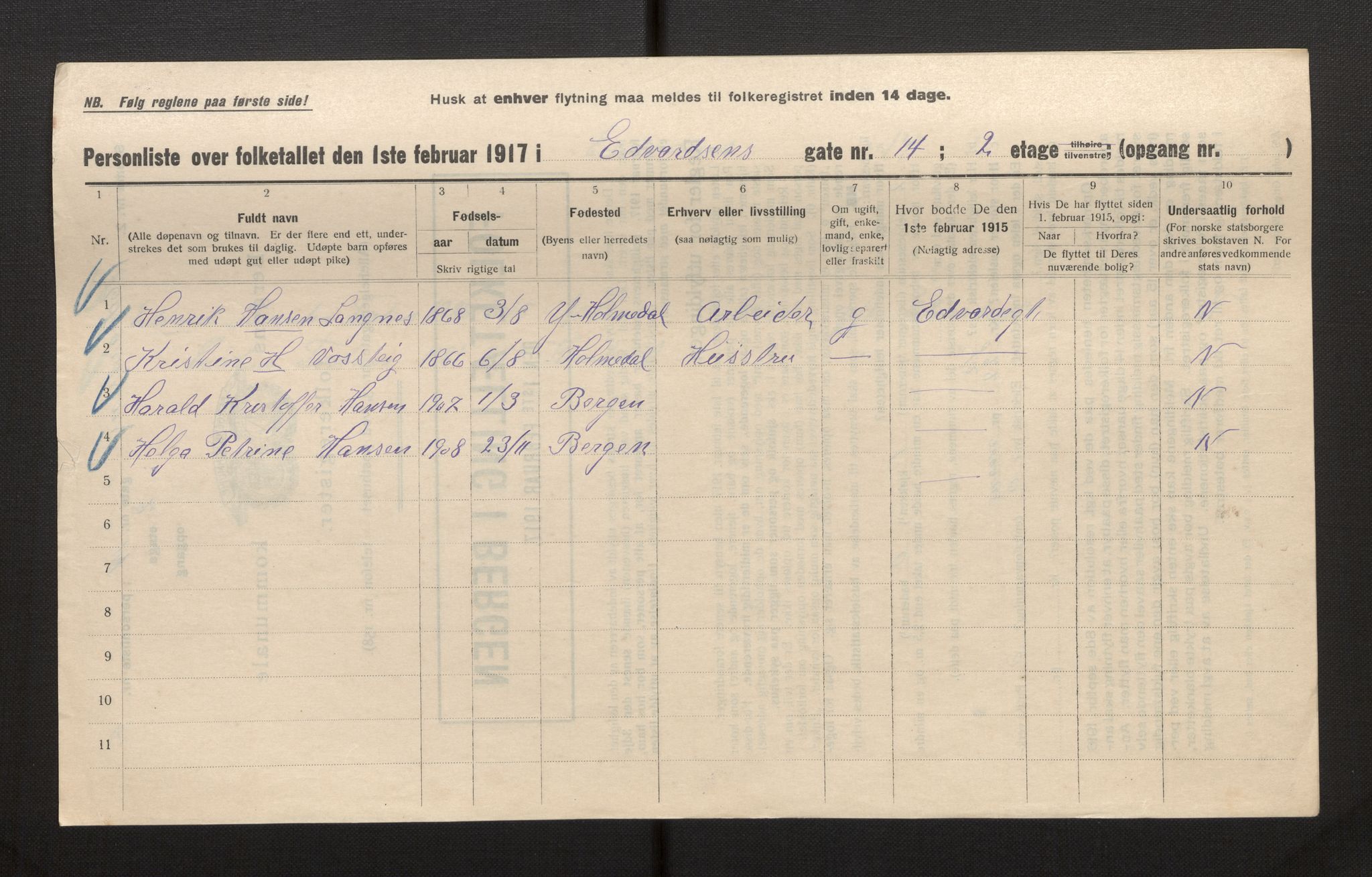 SAB, Kommunal folketelling 1917 for Bergen kjøpstad, 1917, s. 5795