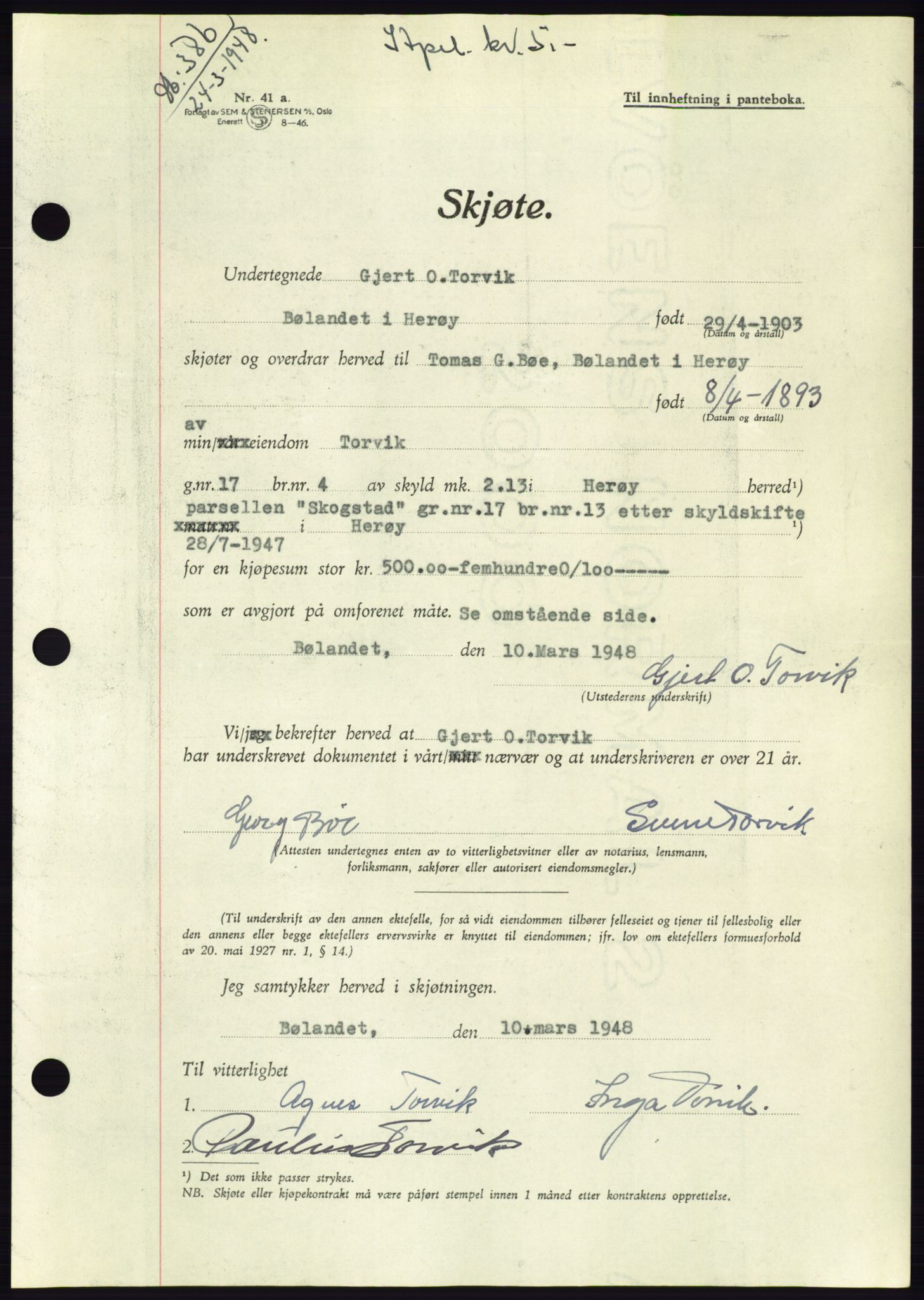 Søre Sunnmøre sorenskriveri, SAT/A-4122/1/2/2C/L0082: Pantebok nr. 8A, 1948-1948, Dagboknr: 386/1948