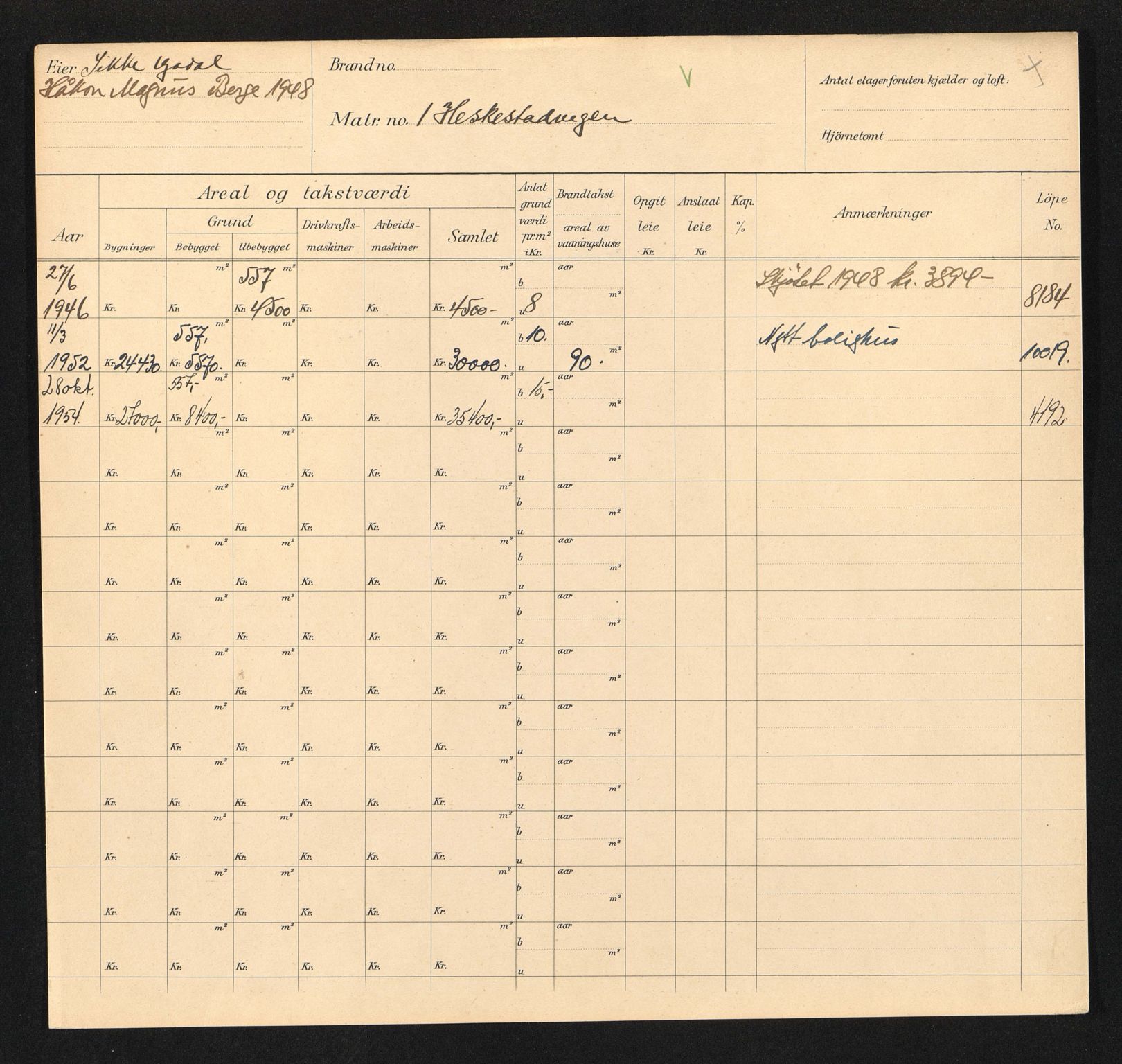 Stavanger kommune. Skattetakstvesenet, BYST/A-0440/F/Fa/Faa/L0017/0007: Skattetakstkort / Hertervigs plass 1 - Hesbygata - Heskestadveien 21