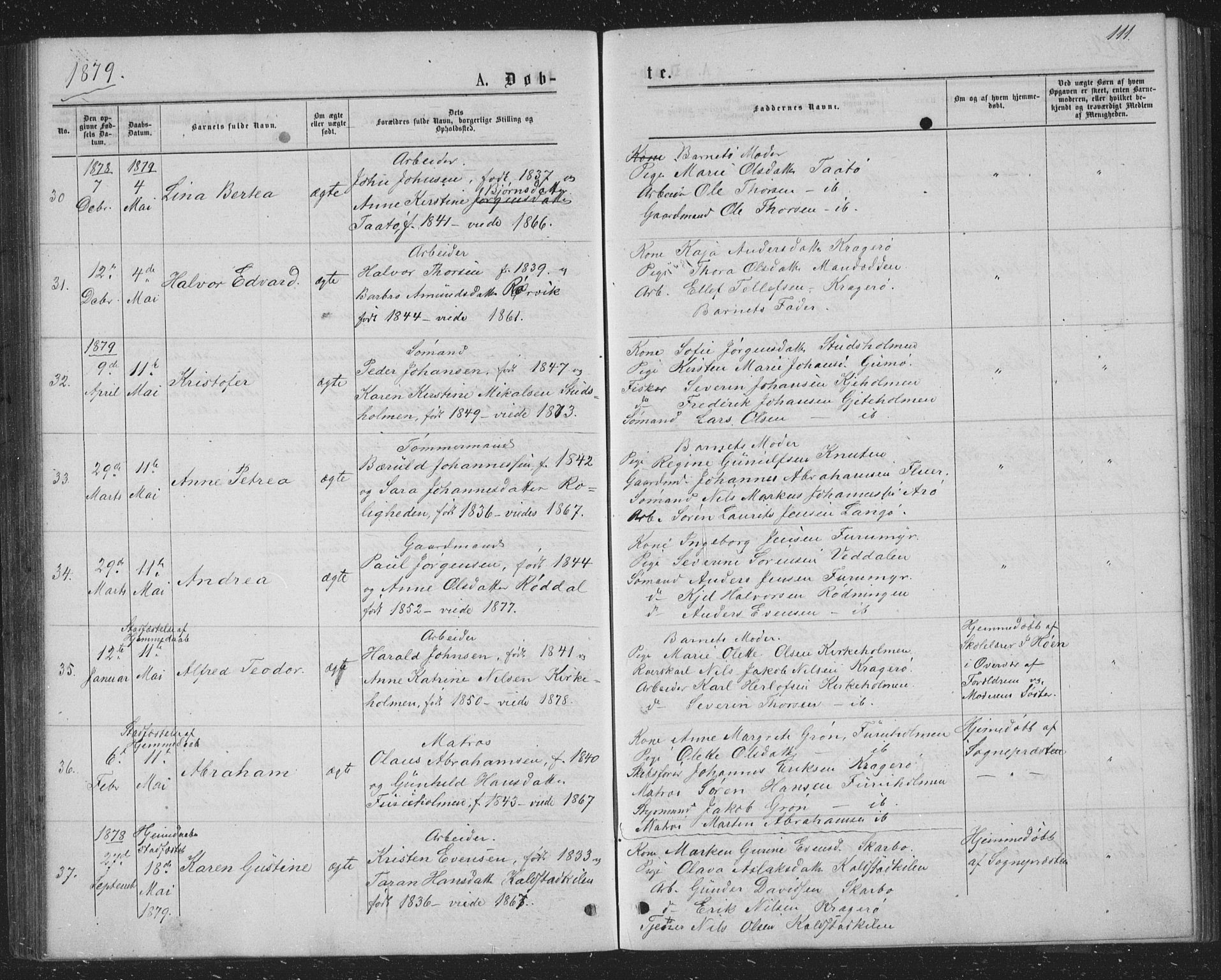 Skåtøy kirkebøker, AV/SAKO-A-304/G/Ga/L0002: Klokkerbok nr. I 2, 1872-1884, s. 111