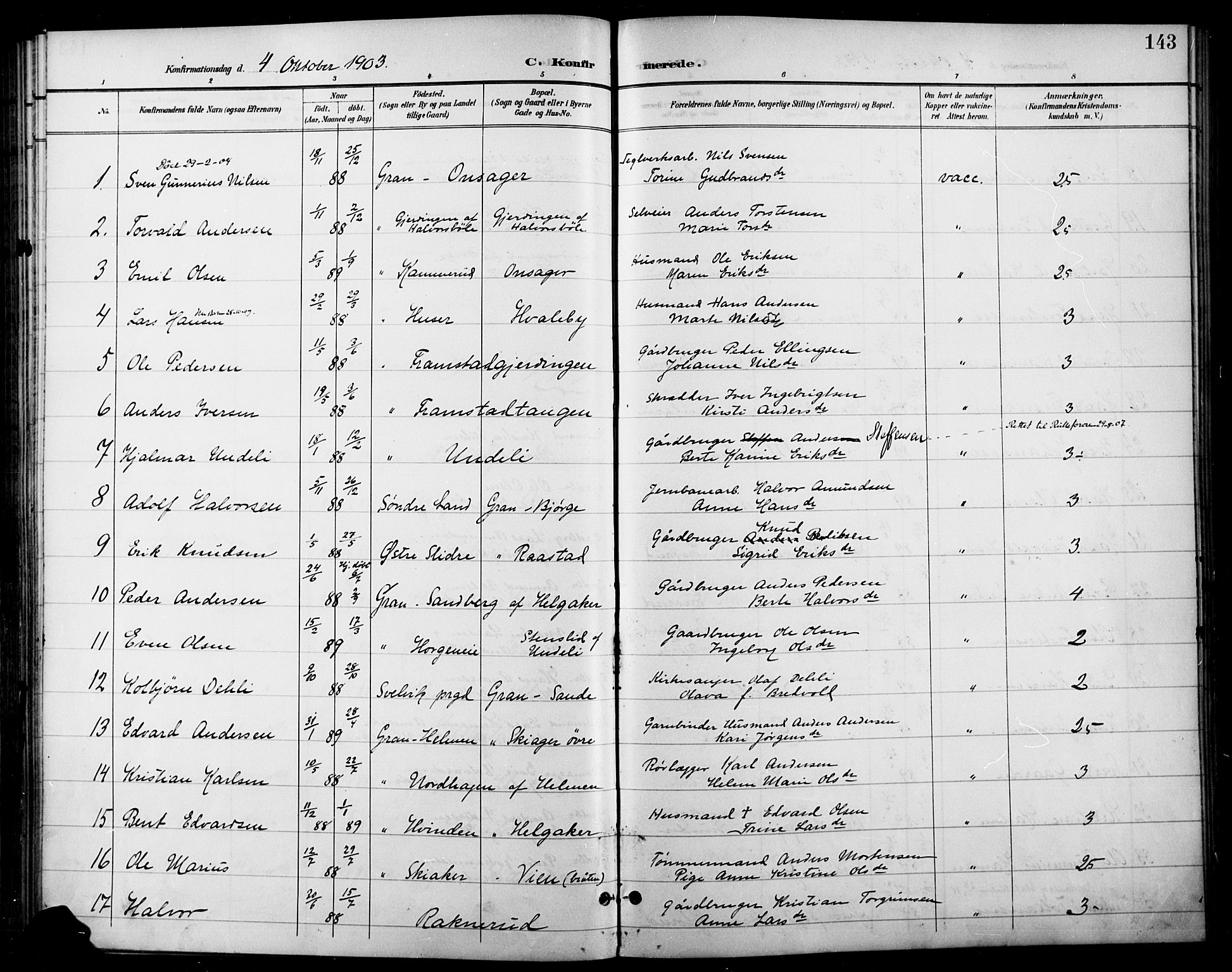 Gran prestekontor, SAH/PREST-112/H/Ha/Haa/L0019: Ministerialbok nr. 19, 1898-1907, s. 143