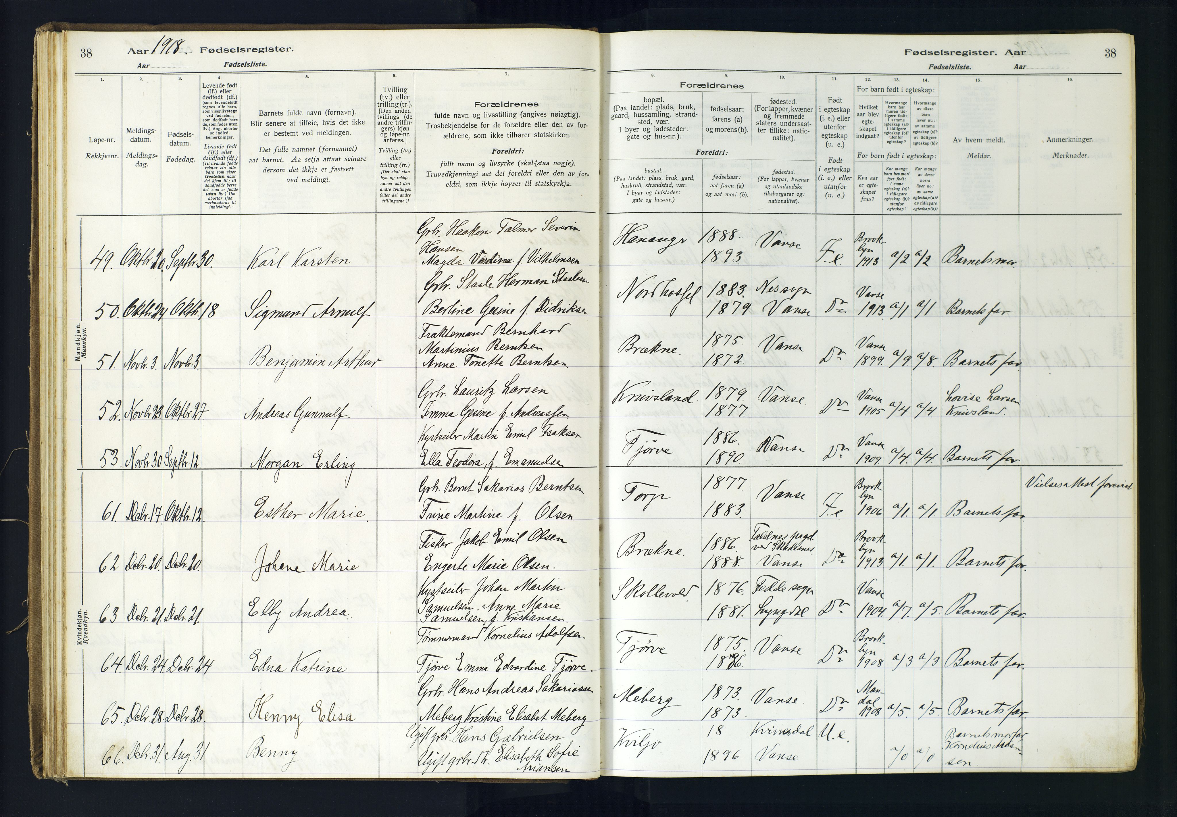 Lista sokneprestkontor, AV/SAK-1111-0027/J/Ja/L0001: Fødselsregister nr. A-VI-30, 1916-1934, s. 38