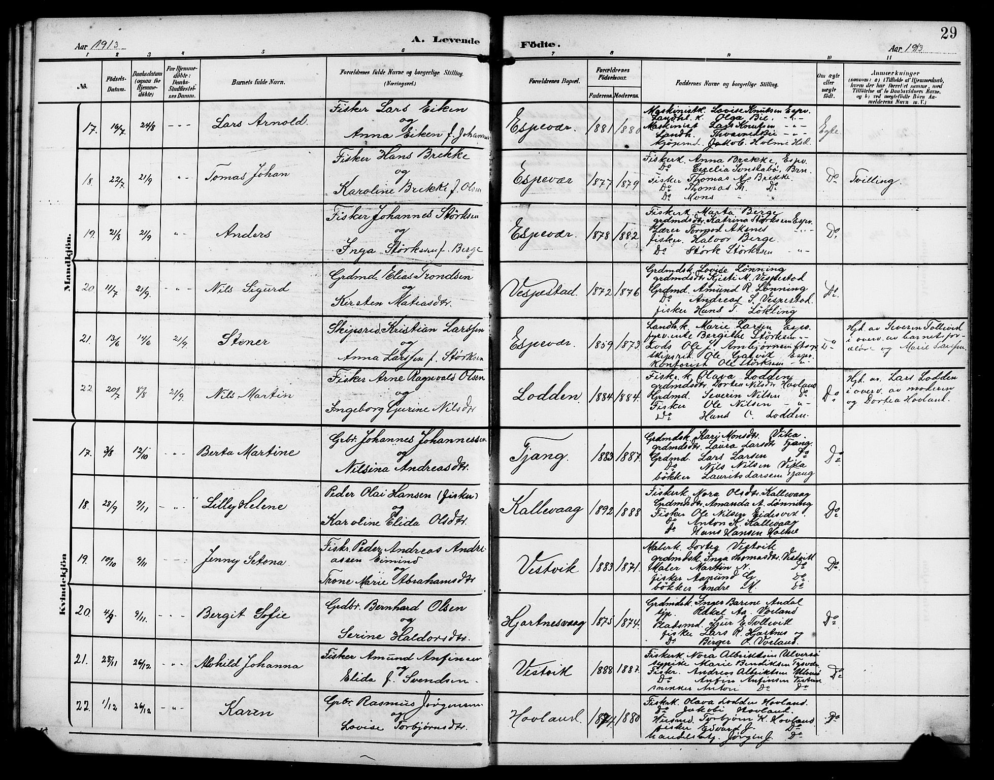 Finnås sokneprestembete, AV/SAB-A-99925/H/Ha/Hab/Habc/L0003: Klokkerbok nr. C 3, 1907-1917, s. 29