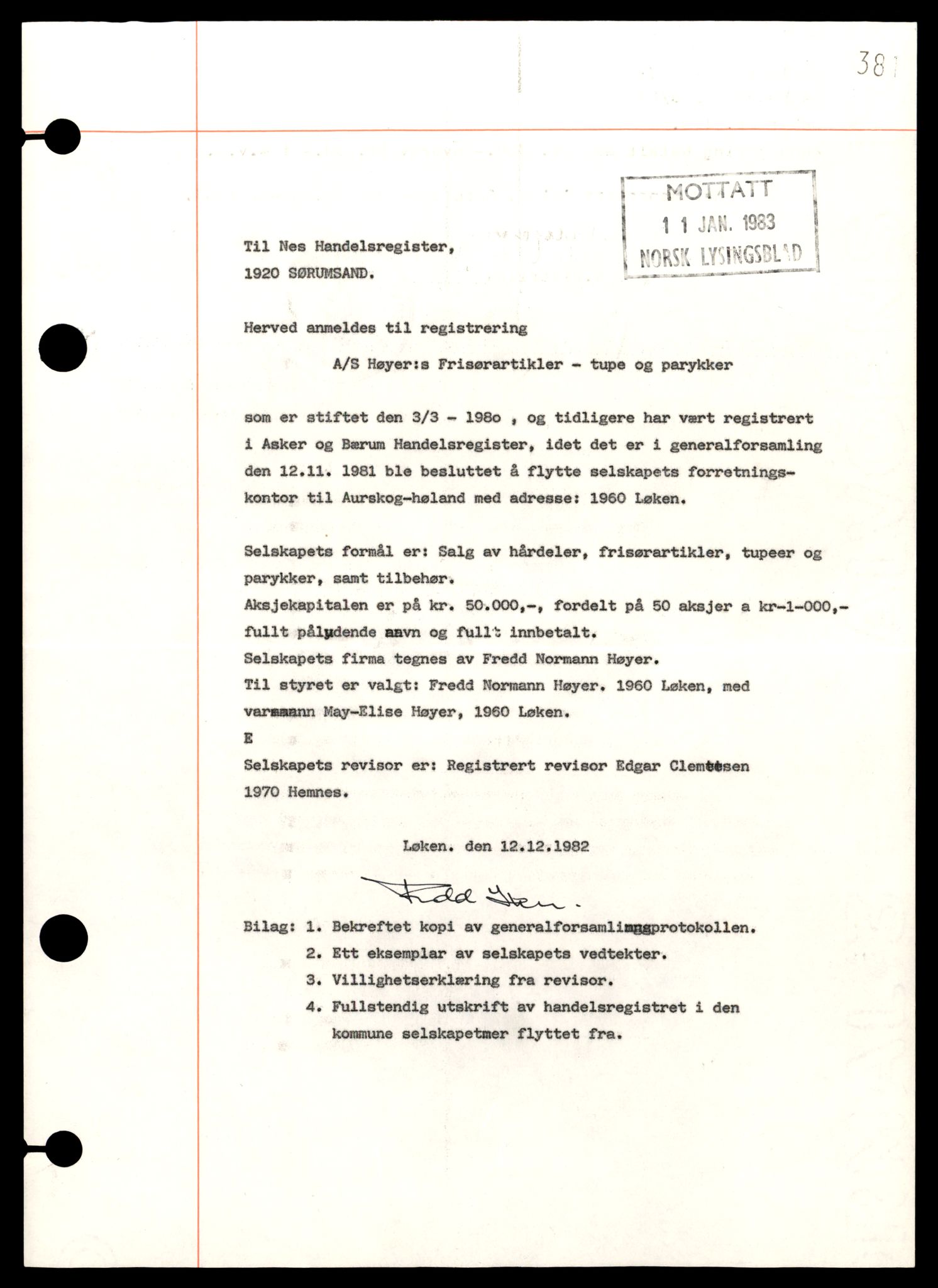 Nes tingrett, AV/SAT-A-10548/K/Ke/Kea/L0010: Aksjeselskap, Høy - Møb, 1944-1990, s. 3