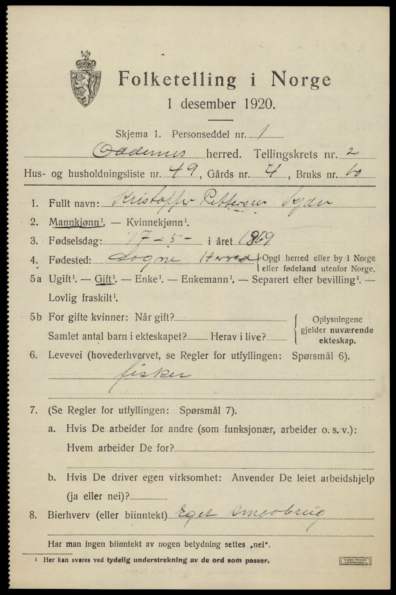 SAK, Folketelling 1920 for 1012 Oddernes herred, 1920, s. 3325