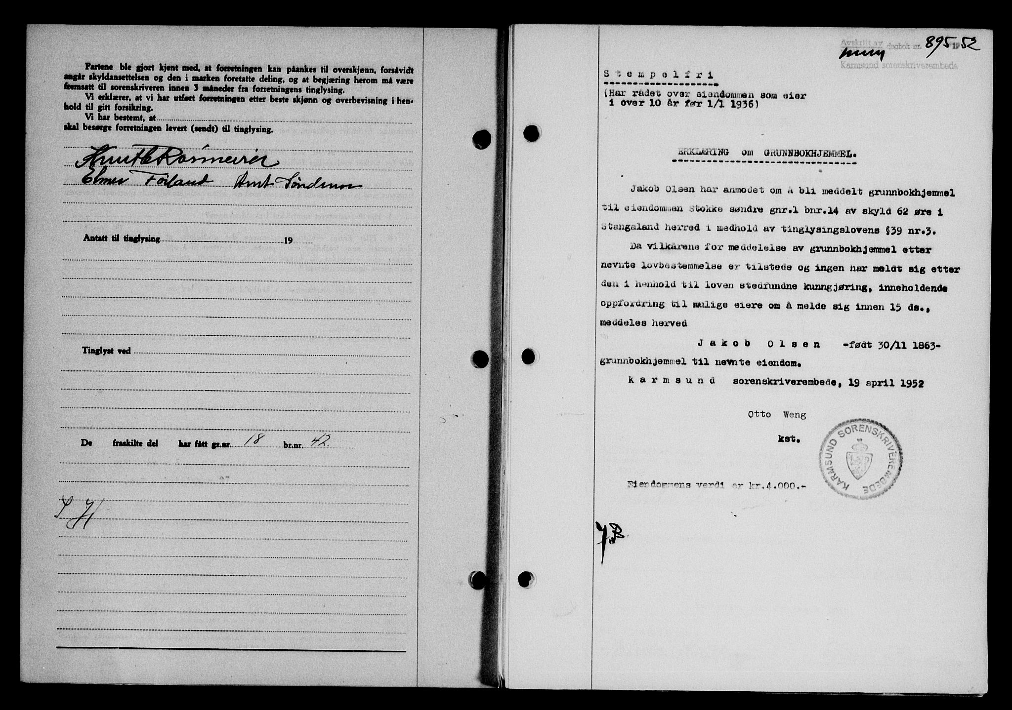 Karmsund sorenskriveri, SAST/A-100311/01/II/IIB/L0105: Pantebok nr. 85A, 1952-1952, Dagboknr: 895/1952