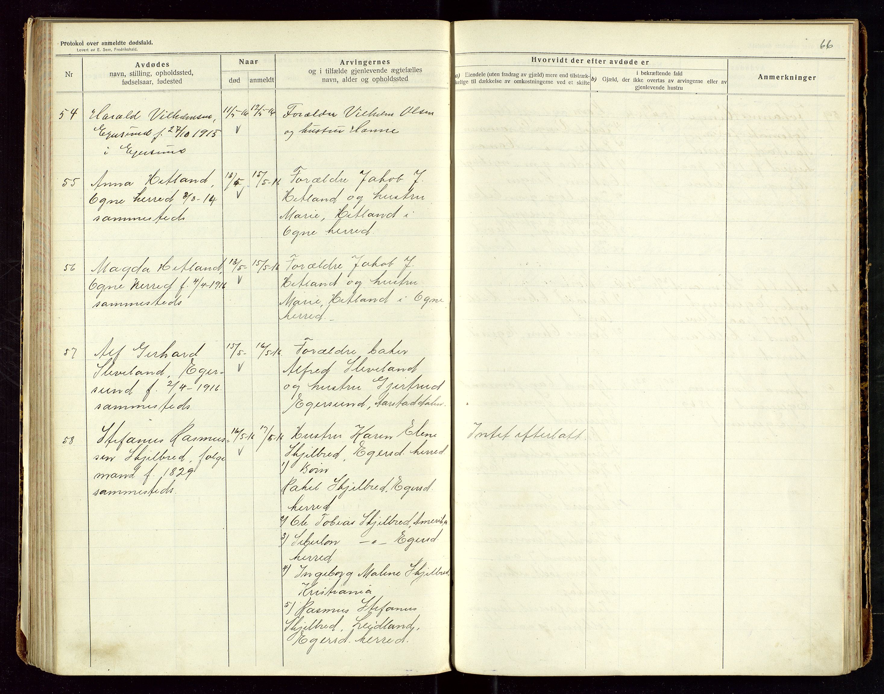 Eigersund lensmannskontor, SAST/A-100171/Gga/L0006: "Protokol over anmeldte dødsfald" m/alfabetisk navneregister, 1914-1917, s. 66