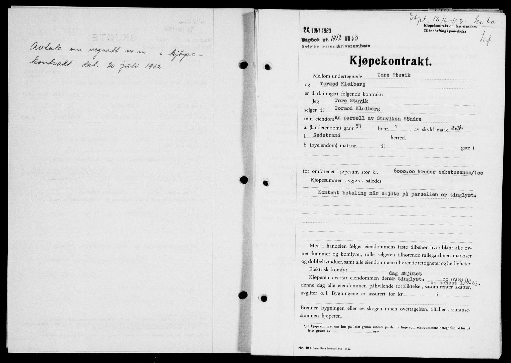 Ryfylke tingrett, SAST/A-100055/001/II/IIB: Pantebok nr. 143-152, 1962-1964, Dagboknr: 1412/1963