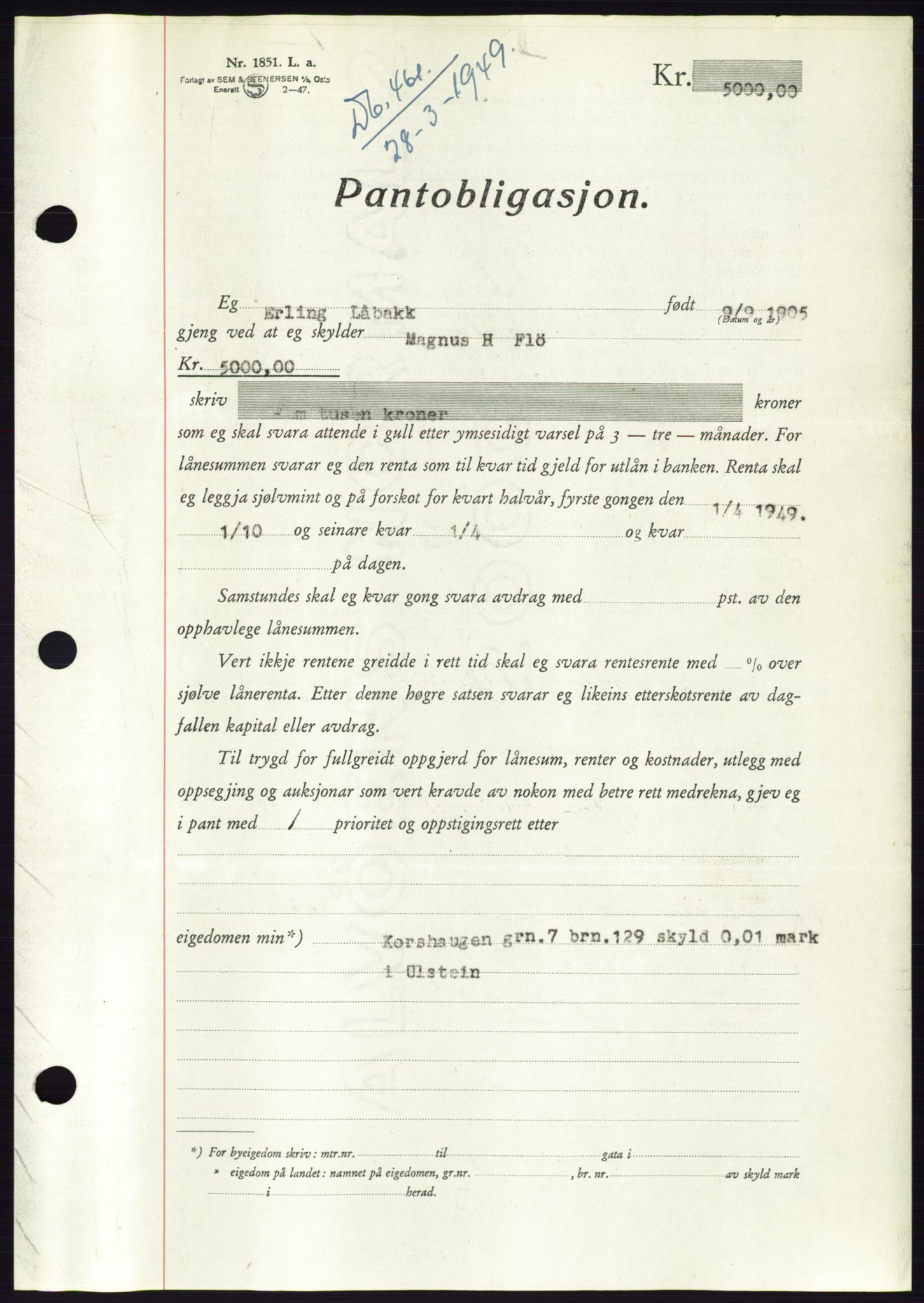 Søre Sunnmøre sorenskriveri, SAT/A-4122/1/2/2C/L0116: Pantebok nr. 4B, 1948-1949, Dagboknr: 461/1949