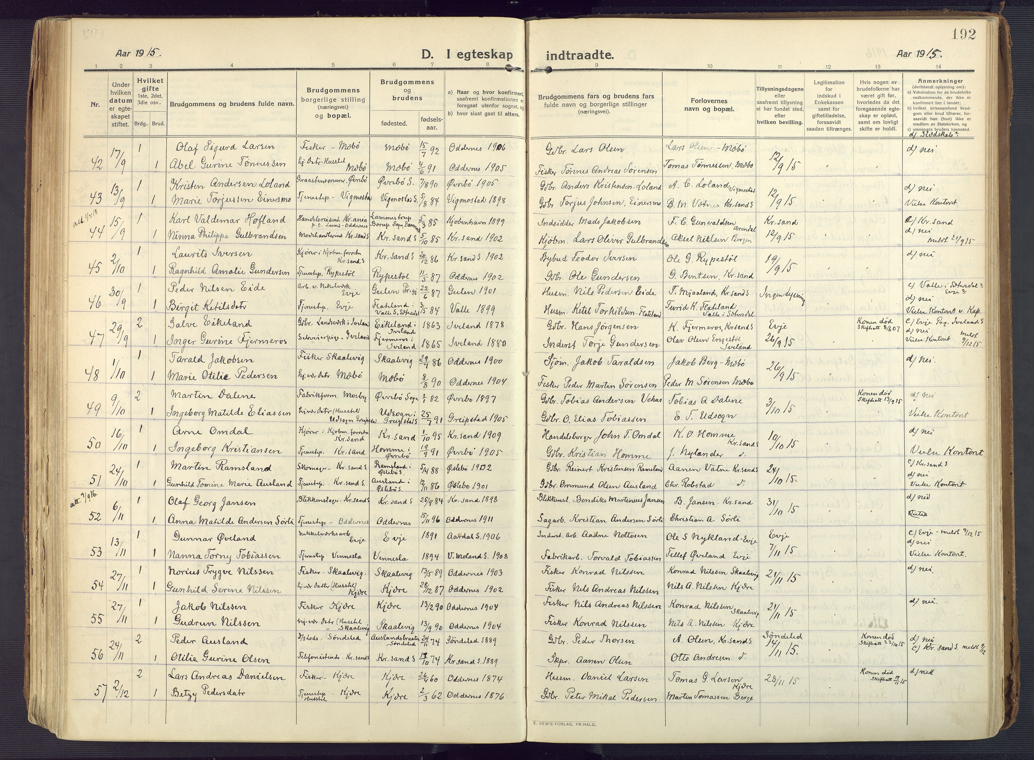 Oddernes sokneprestkontor, AV/SAK-1111-0033/F/Fa/Faa/L0012: Ministerialbok nr. A 12, 1912-1925, s. 192