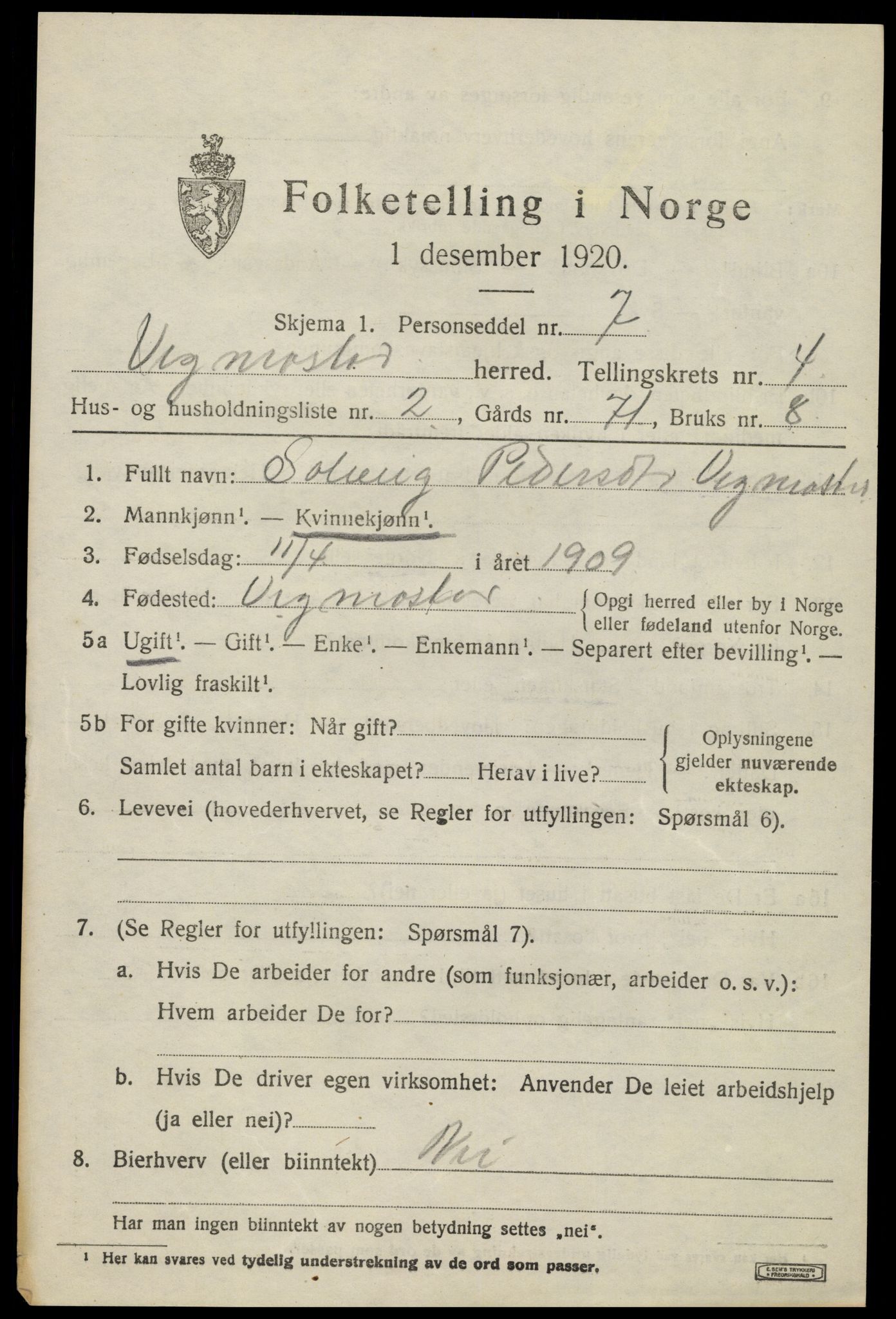 SAK, Folketelling 1920 for 1028 Vigmostad herred, 1920, s. 1225