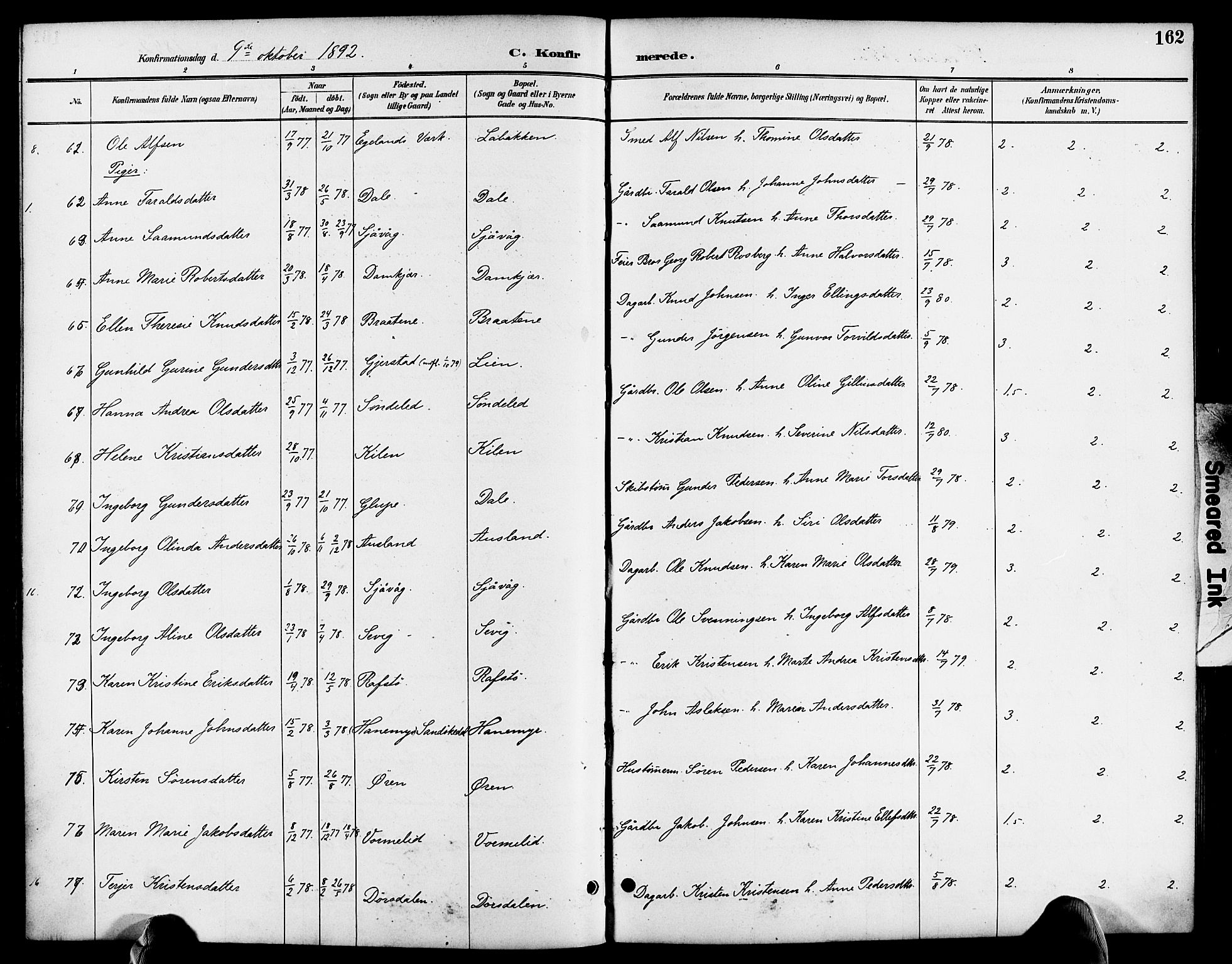 Søndeled sokneprestkontor, AV/SAK-1111-0038/F/Fa/L0005: Ministerialbok nr. A 5, 1889-1899, s. 162