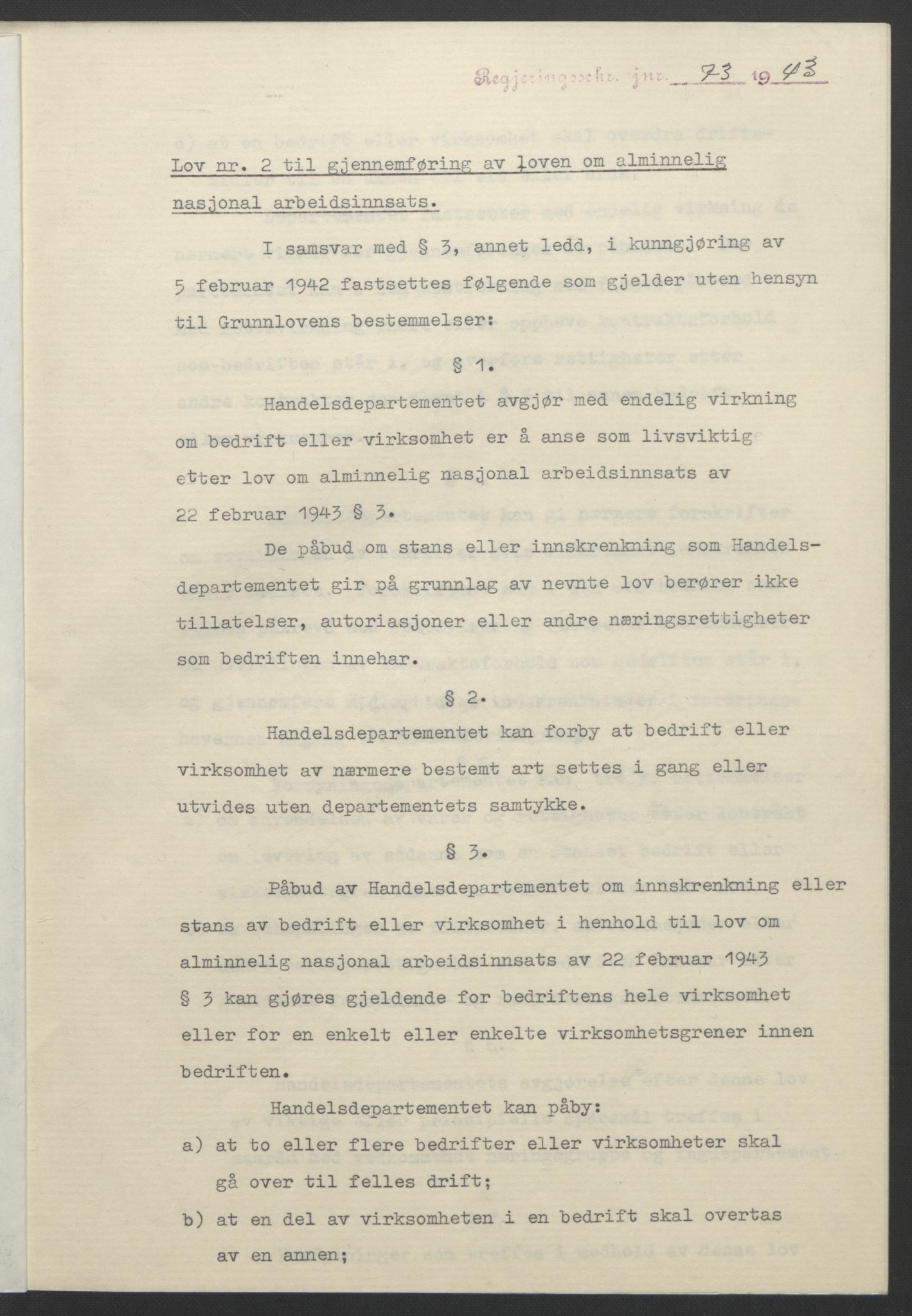 NS-administrasjonen 1940-1945 (Statsrådsekretariatet, de kommisariske statsråder mm), RA/S-4279/D/Db/L0099: Lover, 1943, s. 164