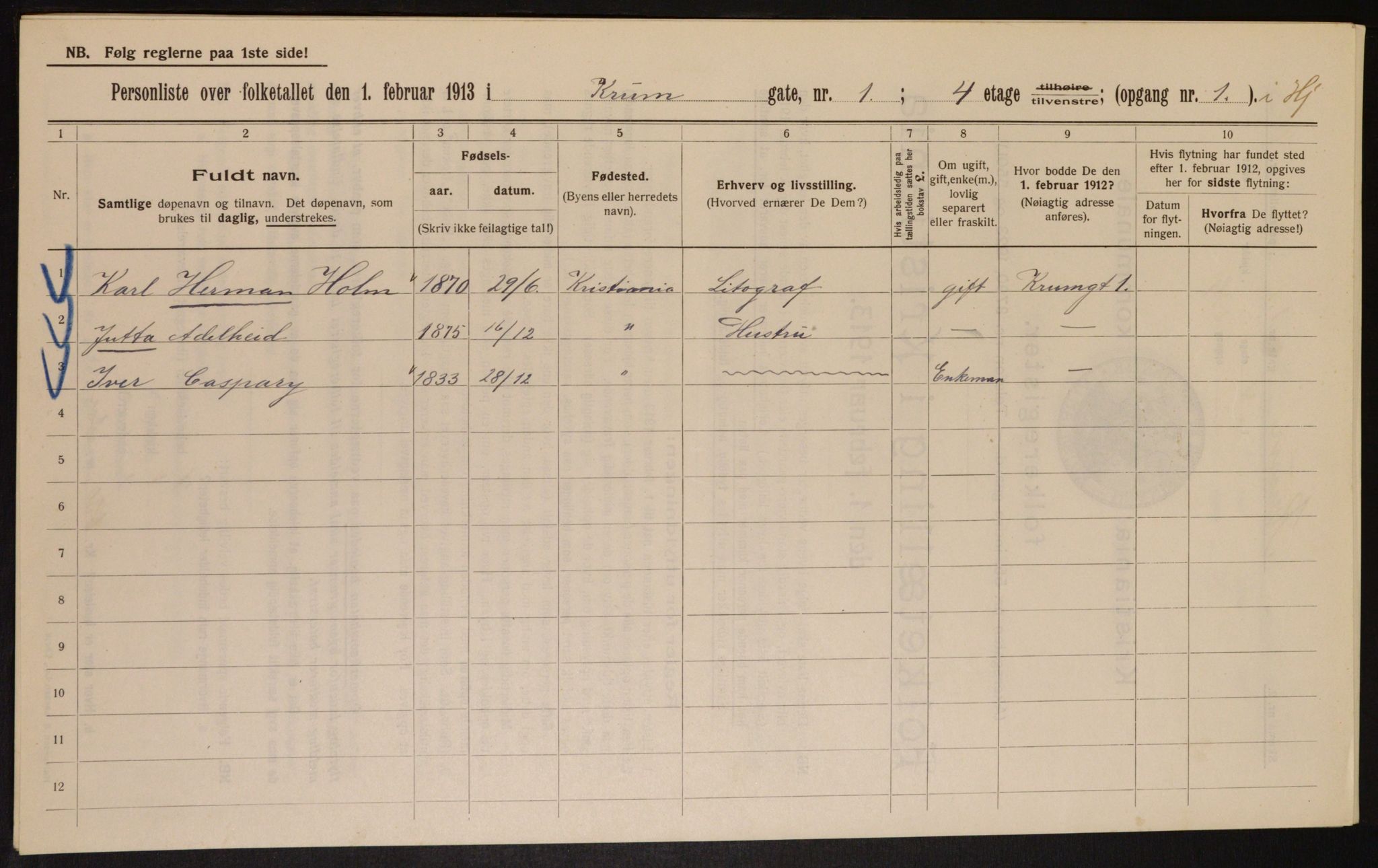 OBA, Kommunal folketelling 1.2.1913 for Kristiania, 1913, s. 54433