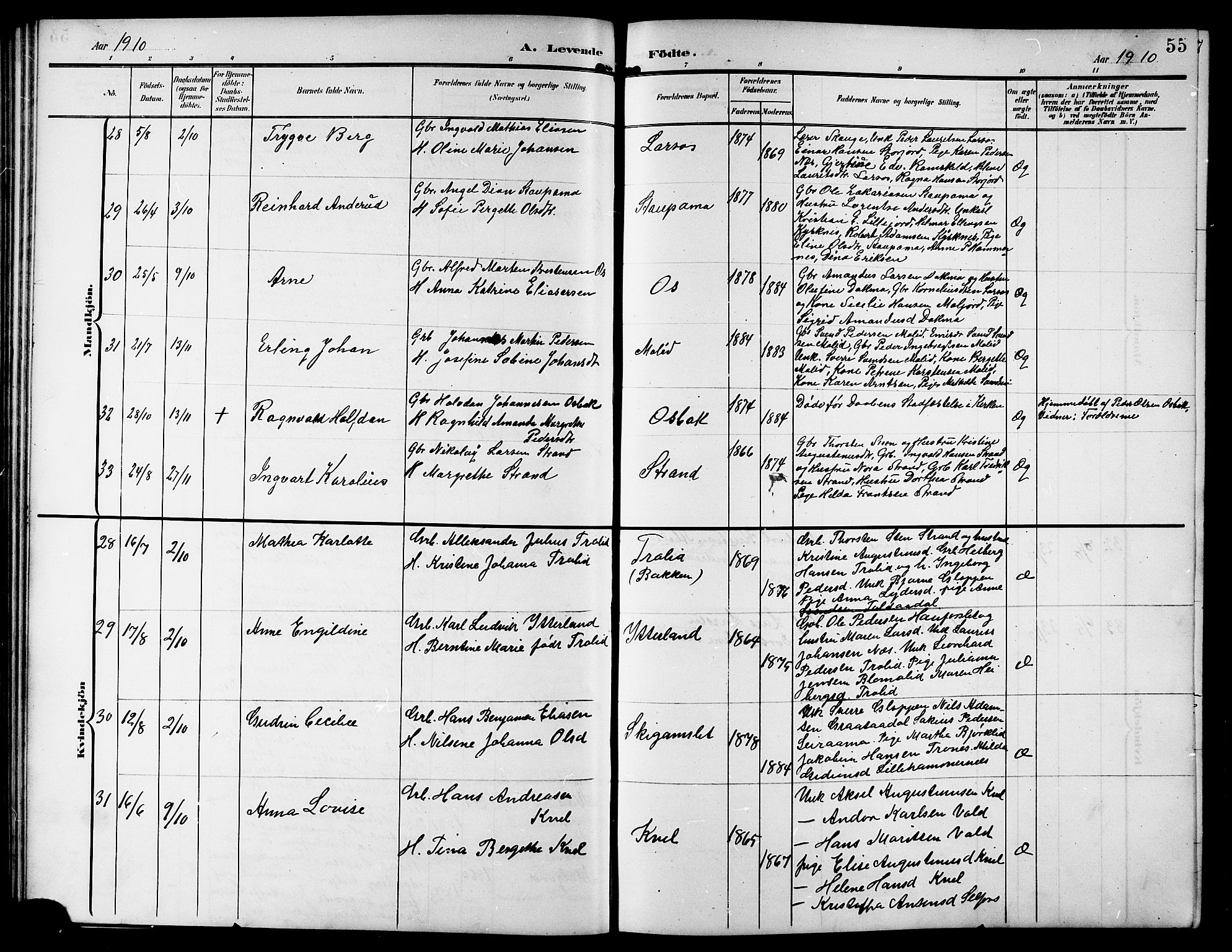 Ministerialprotokoller, klokkerbøker og fødselsregistre - Nordland, AV/SAT-A-1459/846/L0655: Klokkerbok nr. 846C05, 1902-1916, s. 55