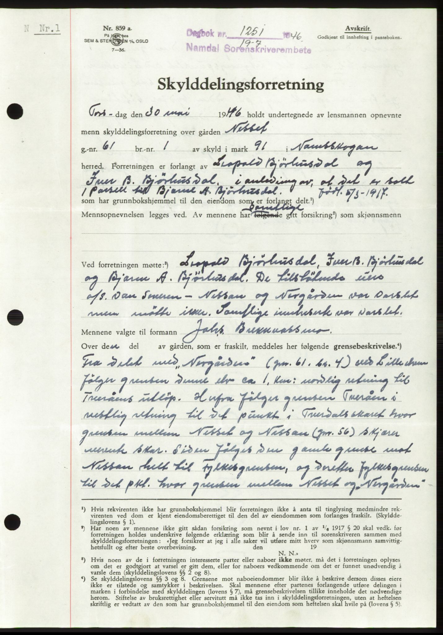 Namdal sorenskriveri, SAT/A-4133/1/2/2C: Pantebok nr. -, 1946-1946, Dagboknr: 1251/1946