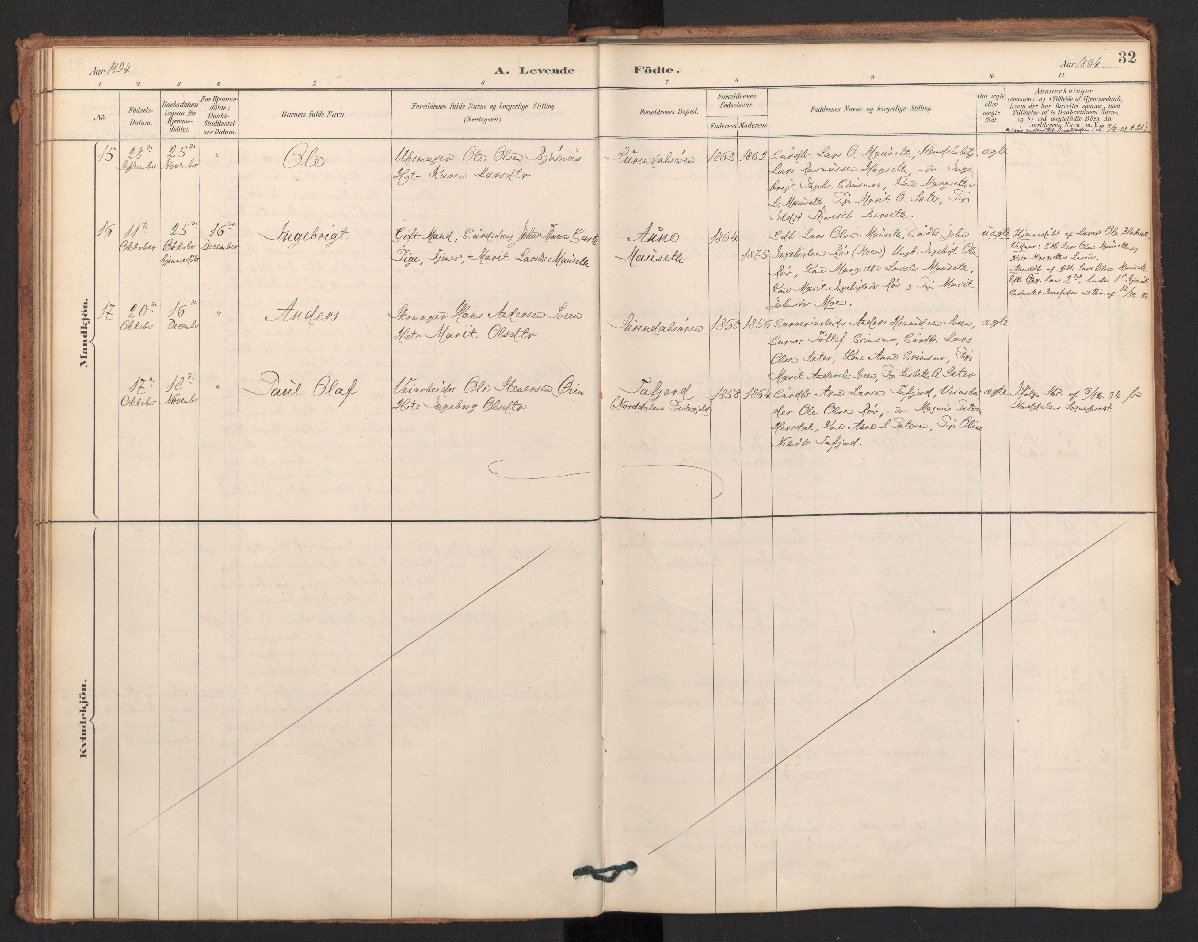 Ministerialprotokoller, klokkerbøker og fødselsregistre - Møre og Romsdal, AV/SAT-A-1454/596/L1056: Ministerialbok nr. 596A01, 1885-1900, s. 32