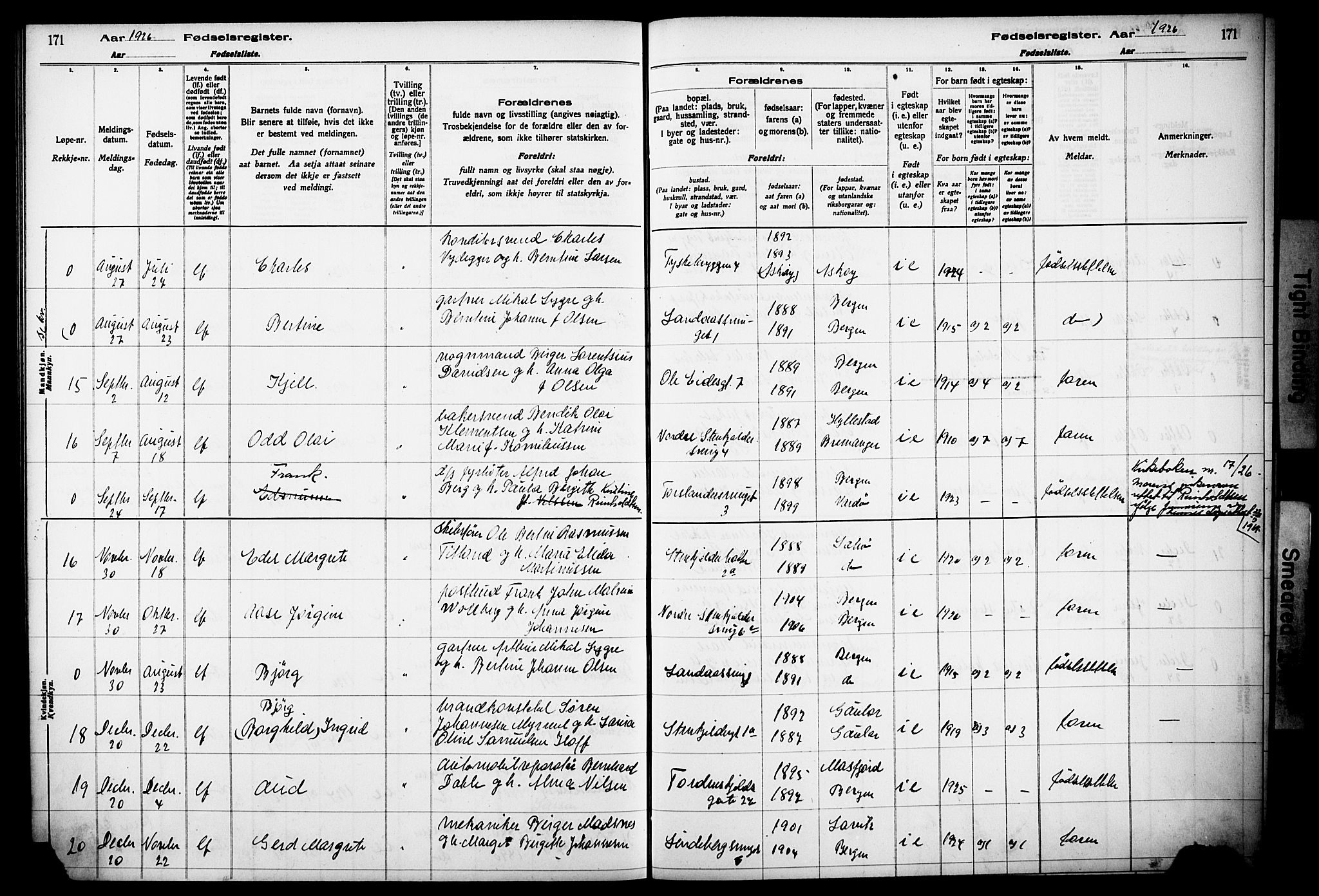 Korskirken sokneprestembete, AV/SAB-A-76101/I/Id/L00A1: Fødselsregister nr. A 1, 1916-1929, s. 171