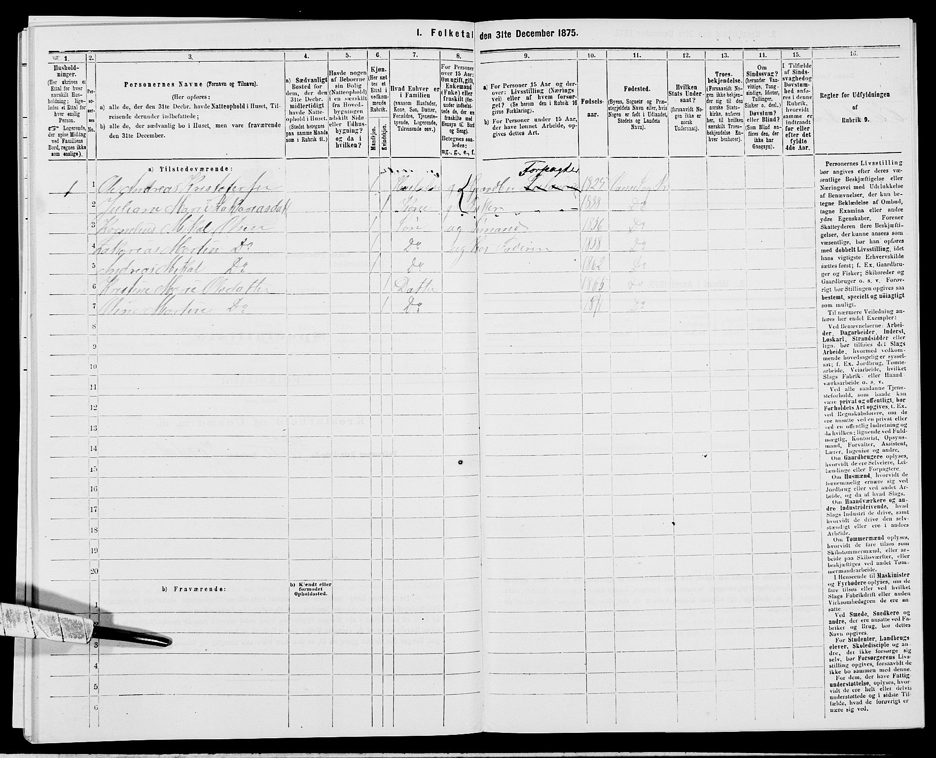 SAK, Folketelling 1875 for 1041L Vanse prestegjeld, Vanse sokn og Farsund landsokn, 1875, s. 1884