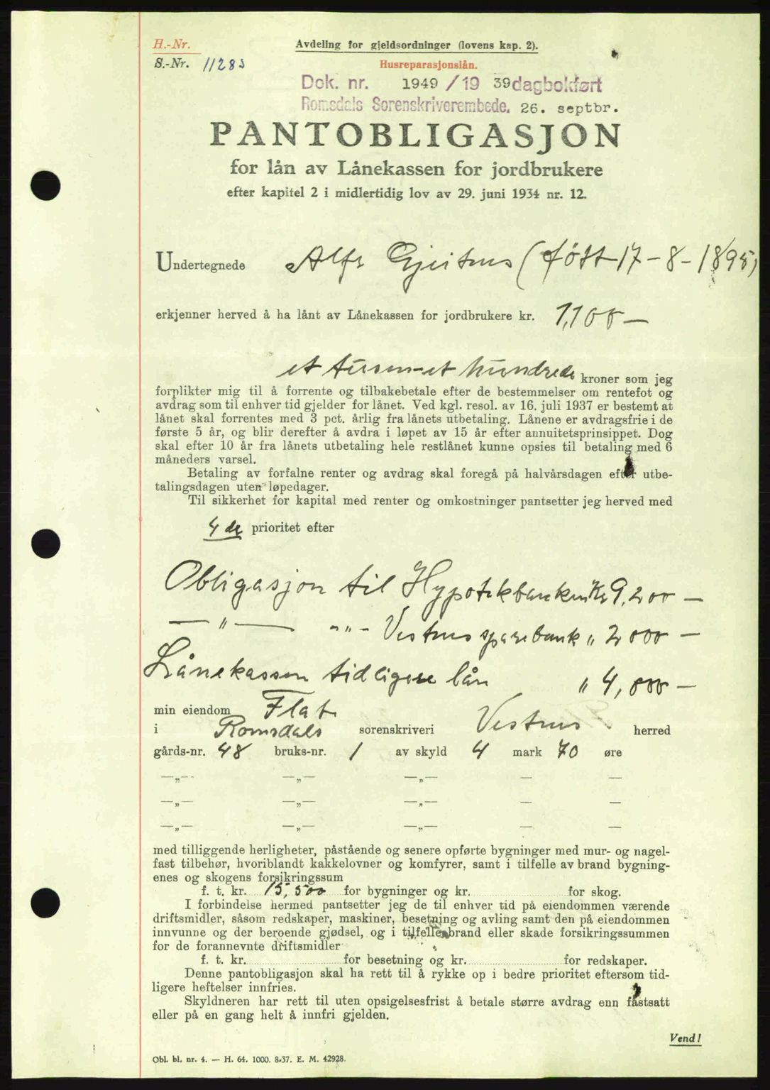 Romsdal sorenskriveri, SAT/A-4149/1/2/2C: Pantebok nr. B2, 1939-1945, Dagboknr: 1949/1939