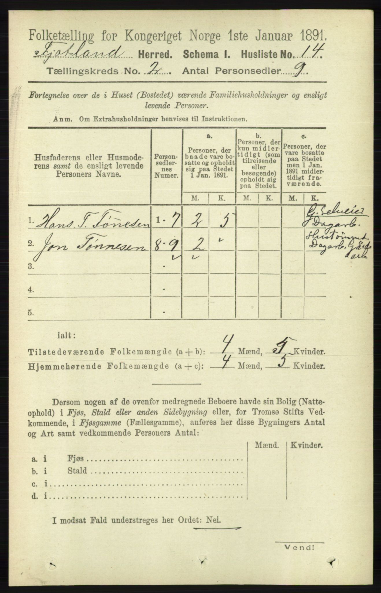 RA, Folketelling 1891 for 1036 Fjotland herred, 1891, s. 224