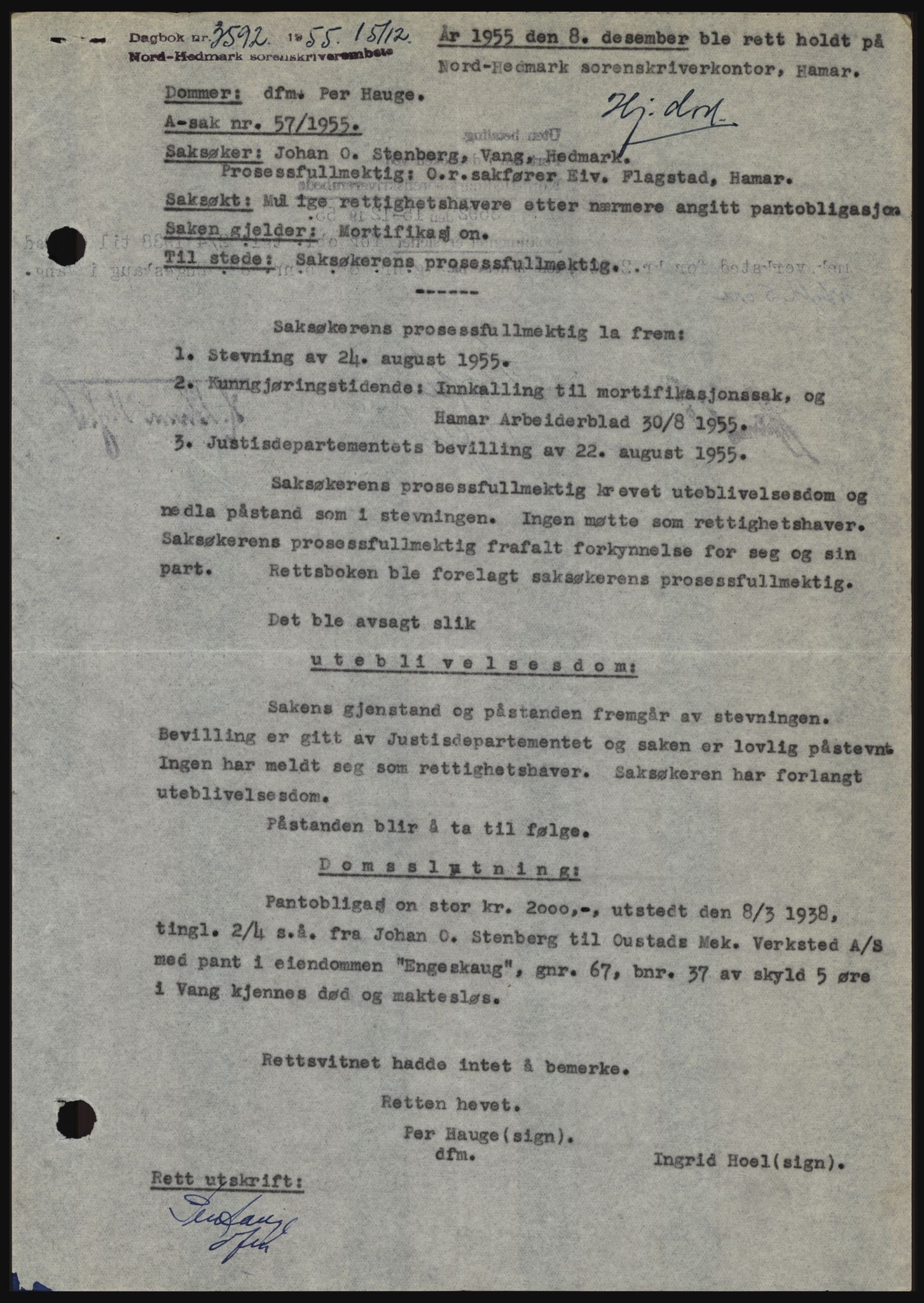 Nord-Hedmark sorenskriveri, SAH/TING-012/H/Hc/L0010: Pantebok nr. 10, 1955-1956, Dagboknr: 3592/1955
