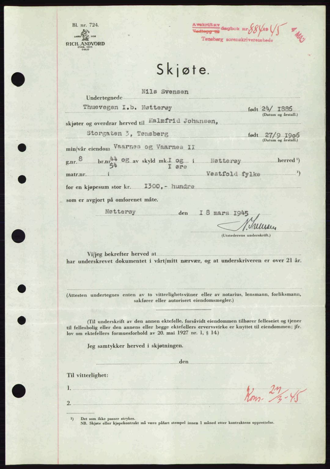 Tønsberg sorenskriveri, AV/SAKO-A-130/G/Ga/Gaa/L0017a: Pantebok nr. A17a, 1945-1945, Dagboknr: 884/1945