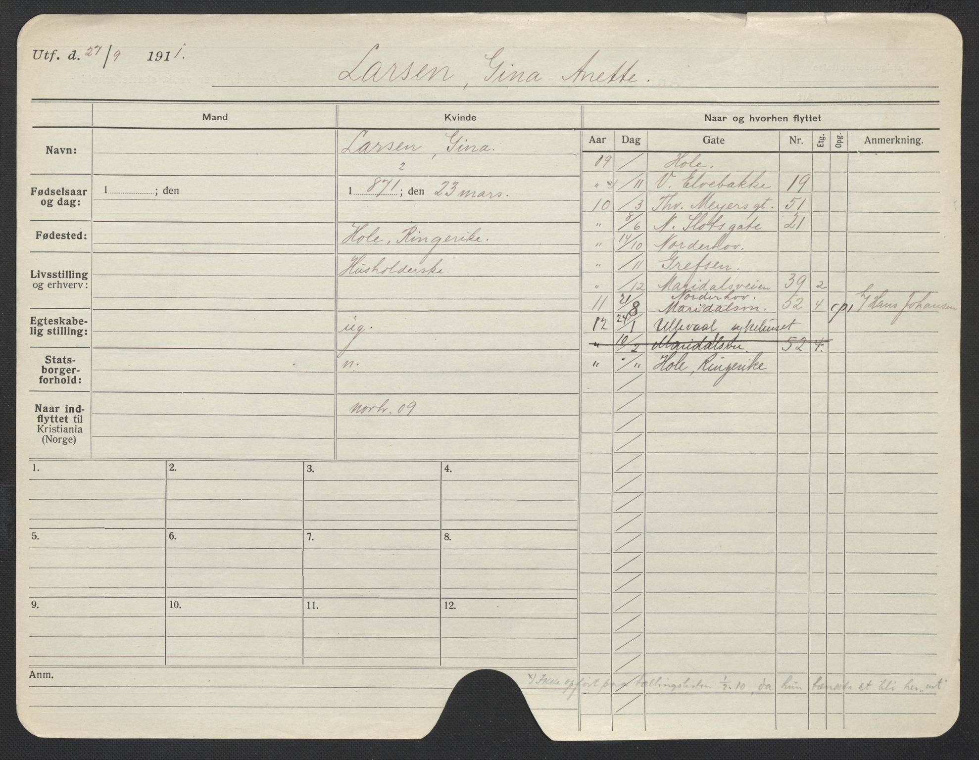 Oslo folkeregister, Registerkort, AV/SAO-A-11715/F/Fa/Fac/L0019: Kvinner, 1906-1914, s. 887a