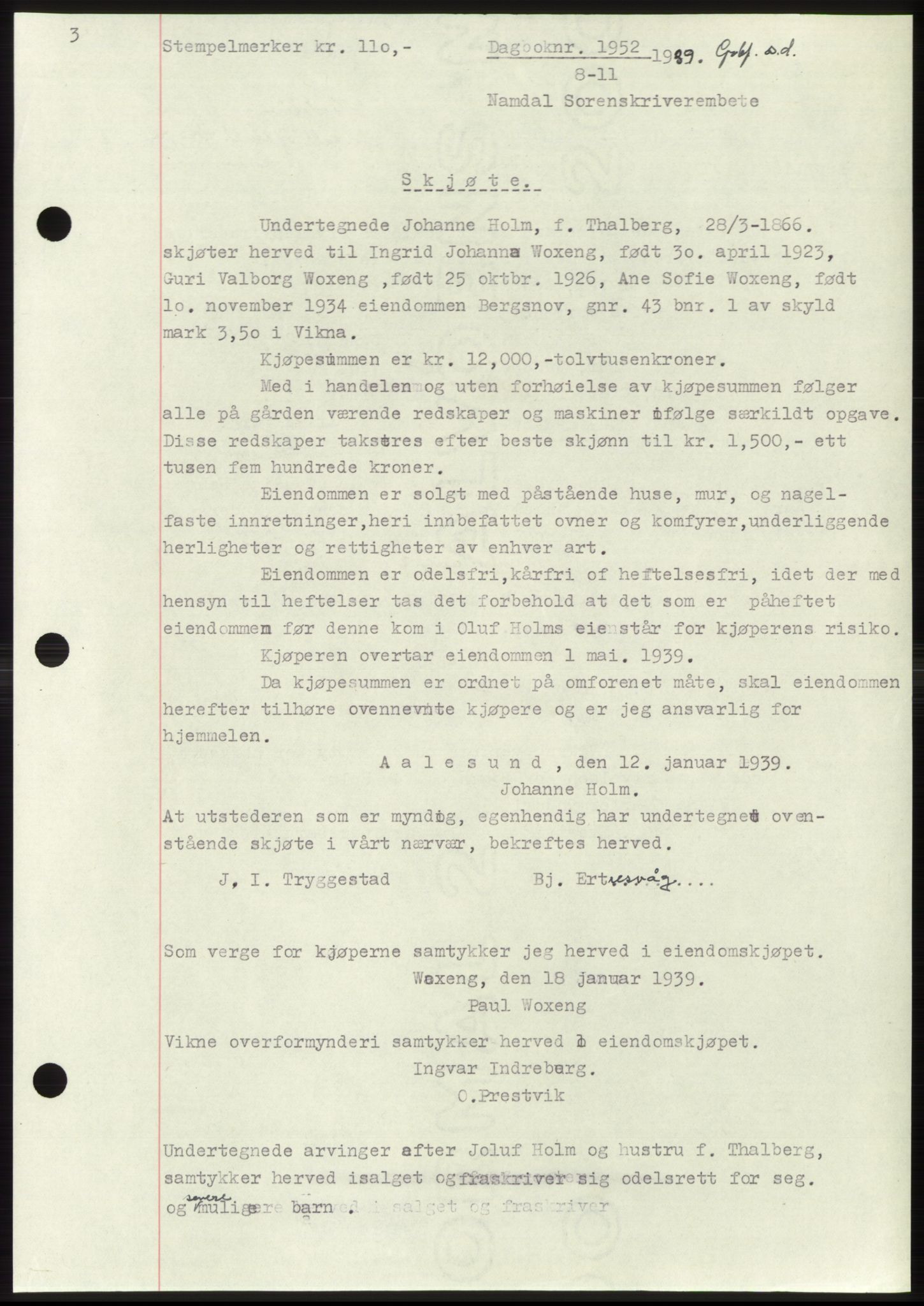 Namdal sorenskriveri, SAT/A-4133/1/2/2C: Pantebok nr. -, 1937-1939, Tingl.dato: 08.11.1939