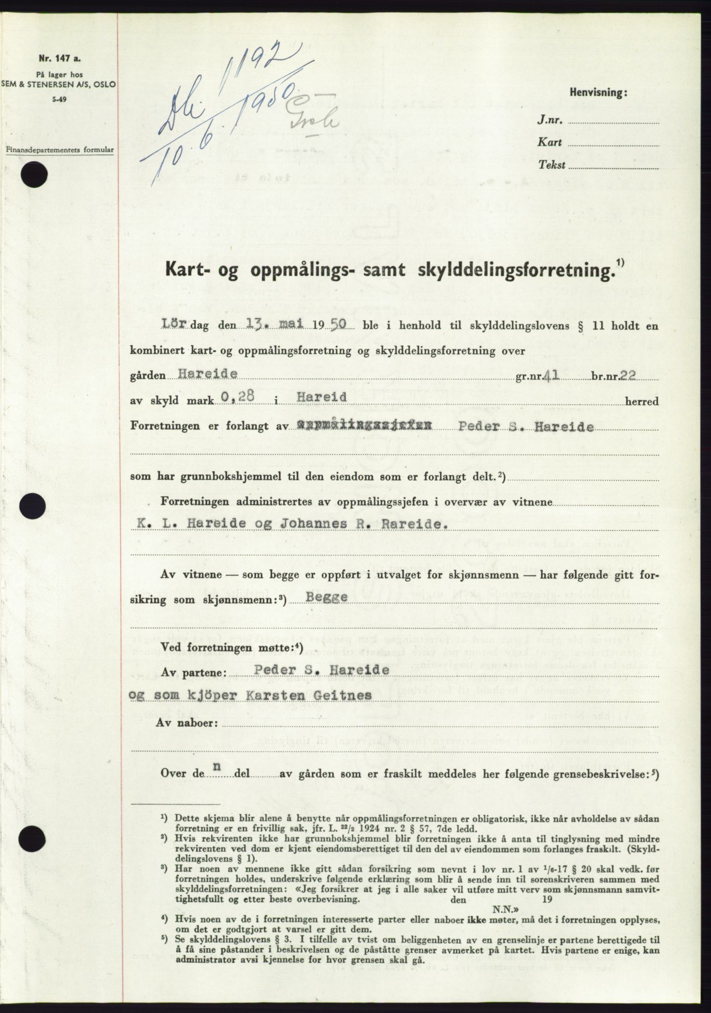 Søre Sunnmøre sorenskriveri, SAT/A-4122/1/2/2C/L0087: Pantebok nr. 13A, 1950-1950, Dagboknr: 1192/1950