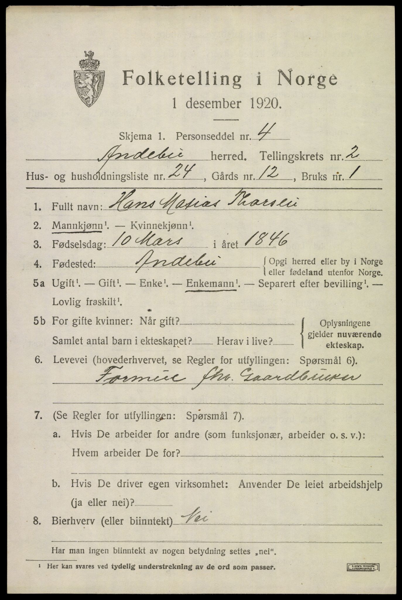 SAKO, Folketelling 1920 for 0719 Andebu herred, 1920, s. 1822