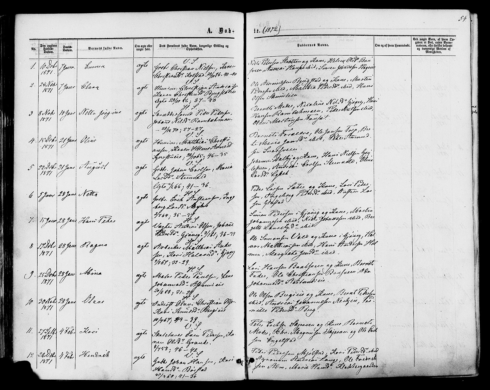 Vardal prestekontor, AV/SAH-PREST-100/H/Ha/Haa/L0007: Ministerialbok nr. 7, 1867-1878, s. 54