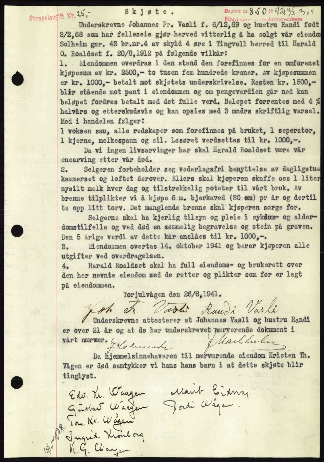 Nordmøre sorenskriveri, SAT/A-4132/1/2/2Ca: Pantebok nr. A92, 1942-1942, Dagboknr: 850/1942