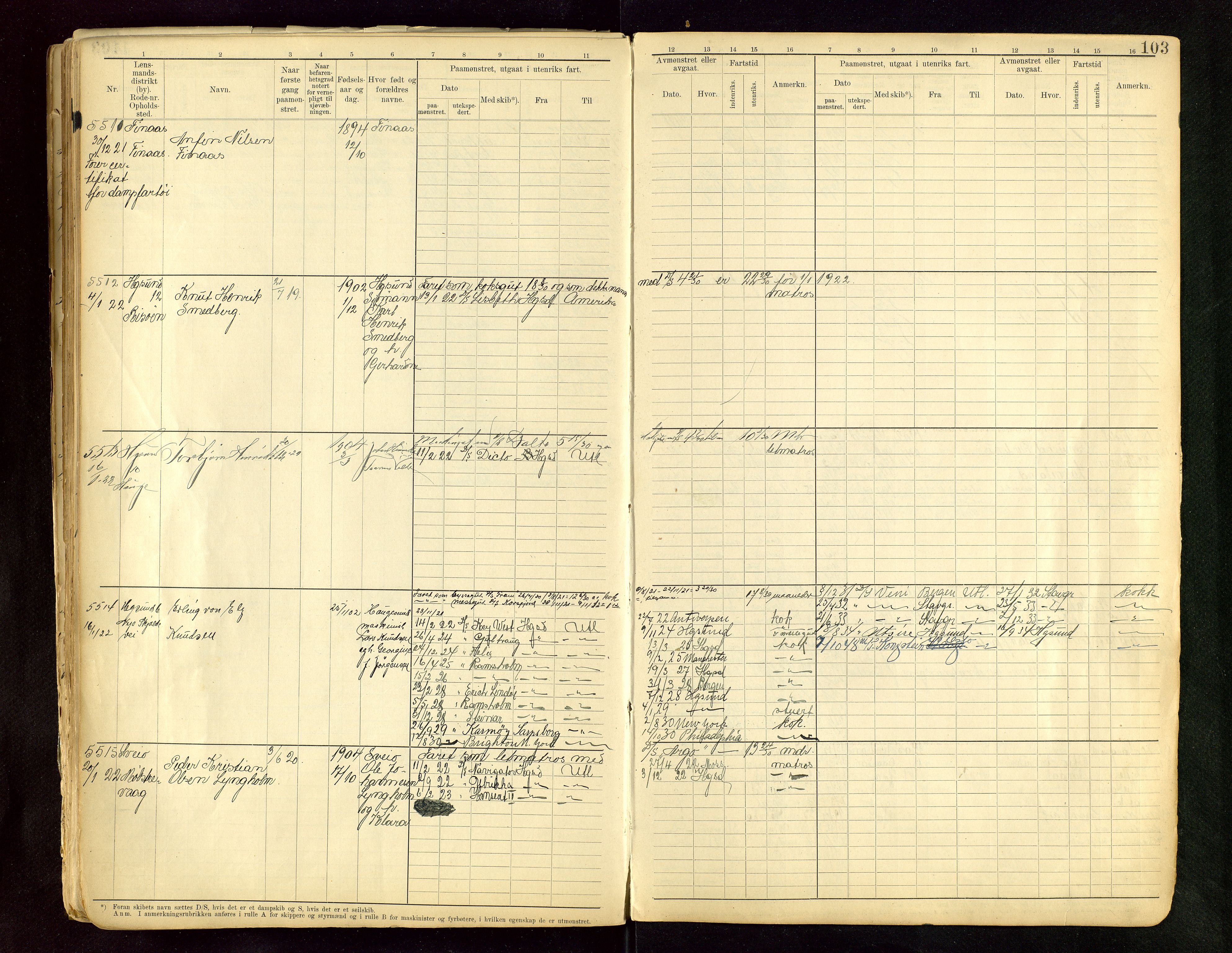 Haugesund sjømannskontor, SAST/A-102007/F/Fb/Fbb/L0015: Sjøfartsrulle A Haugesund krets I nr 5001-8970, 1912-1948, s. 103